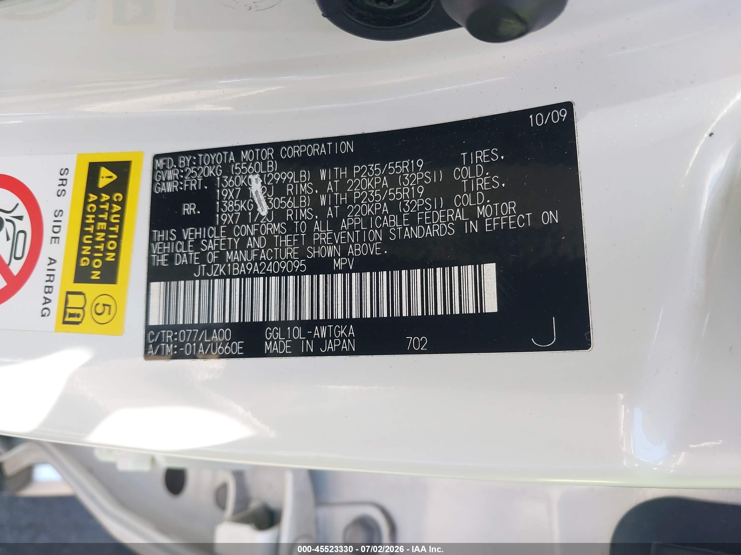 2010 Lexus Rx 350   White vin: JTJZK1BA9A2409095