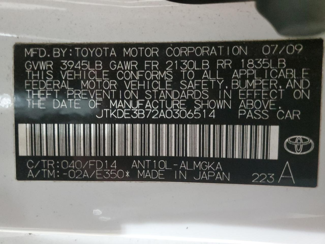 2010 Toyota Scion Tc White vin: JTKDE3B72A0306514