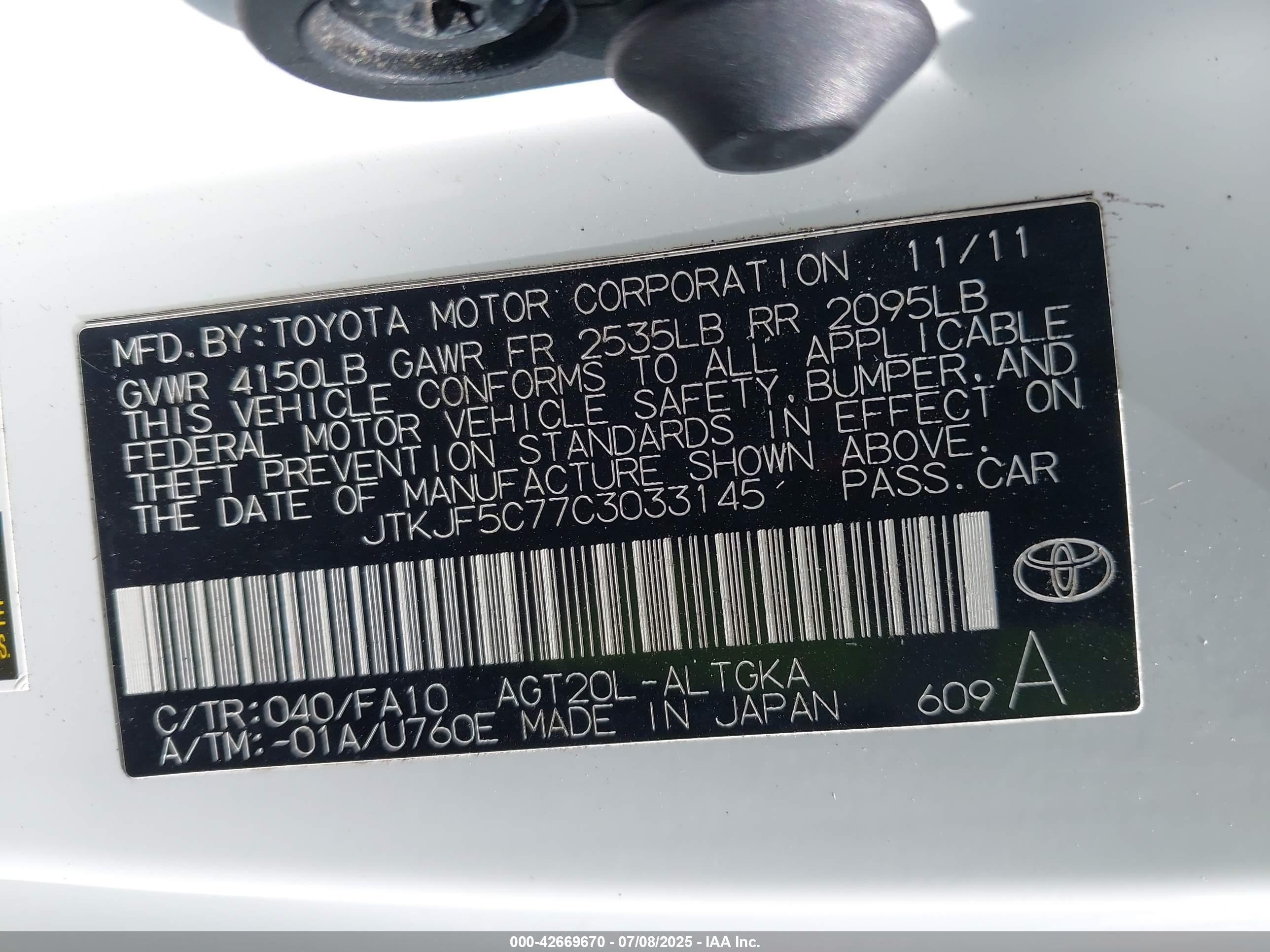 2012 Scion Tc   White vin: JTKJF5C77C3033145