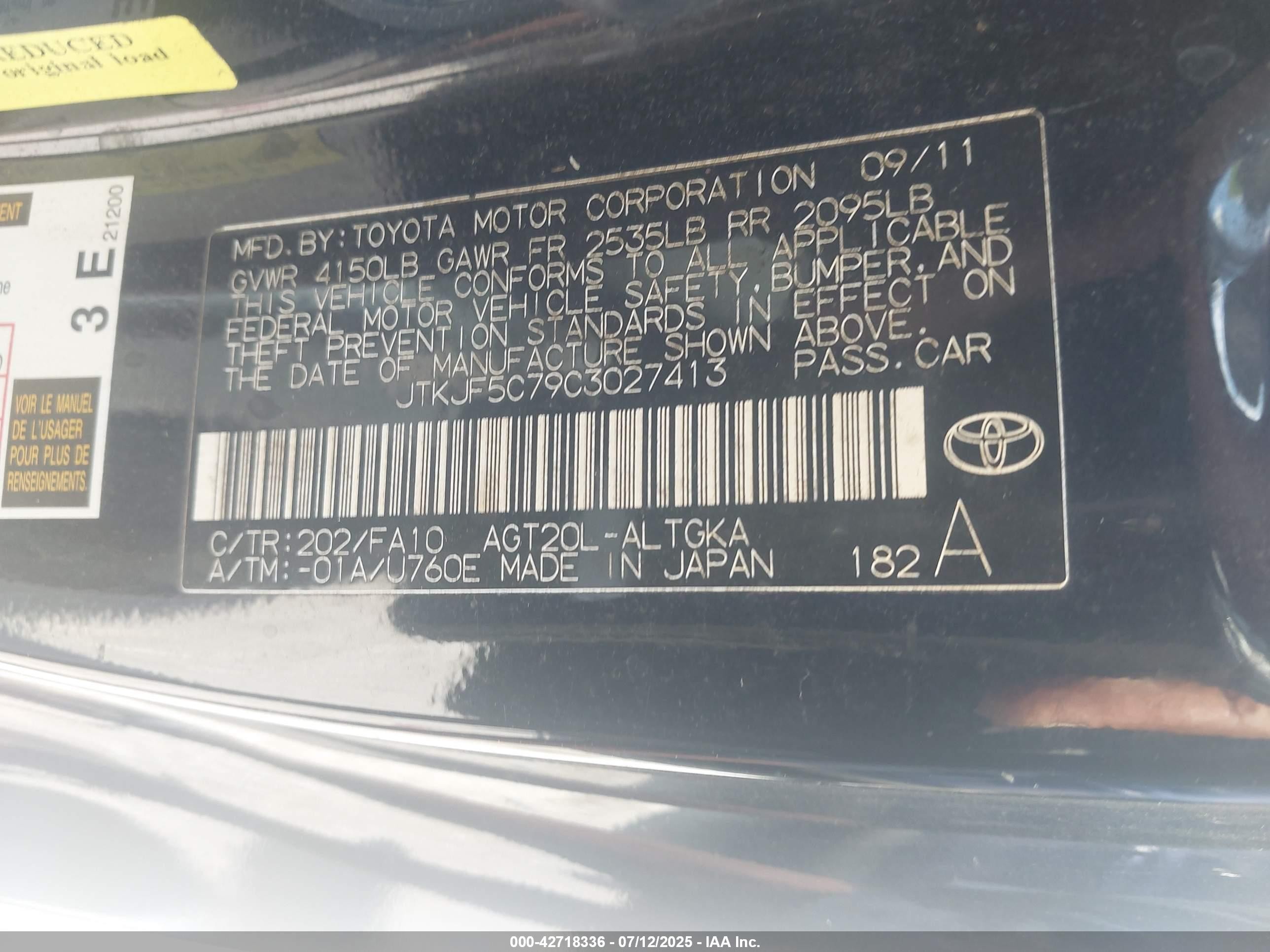 2012 Scion Tc   Black vin: JTKJF5C79C3027413