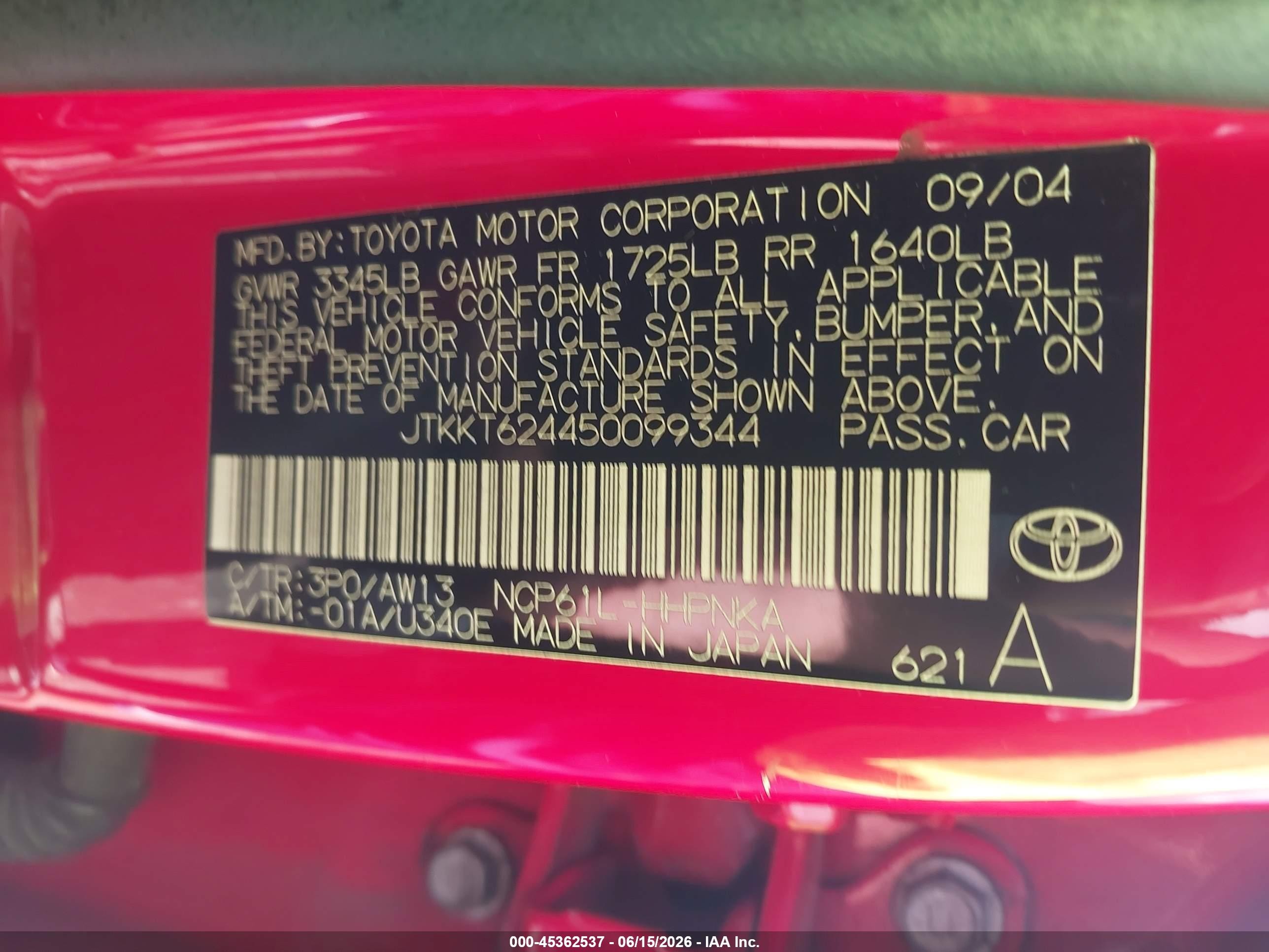 2005 Scion Xa Red vin: JTKKT624450099344