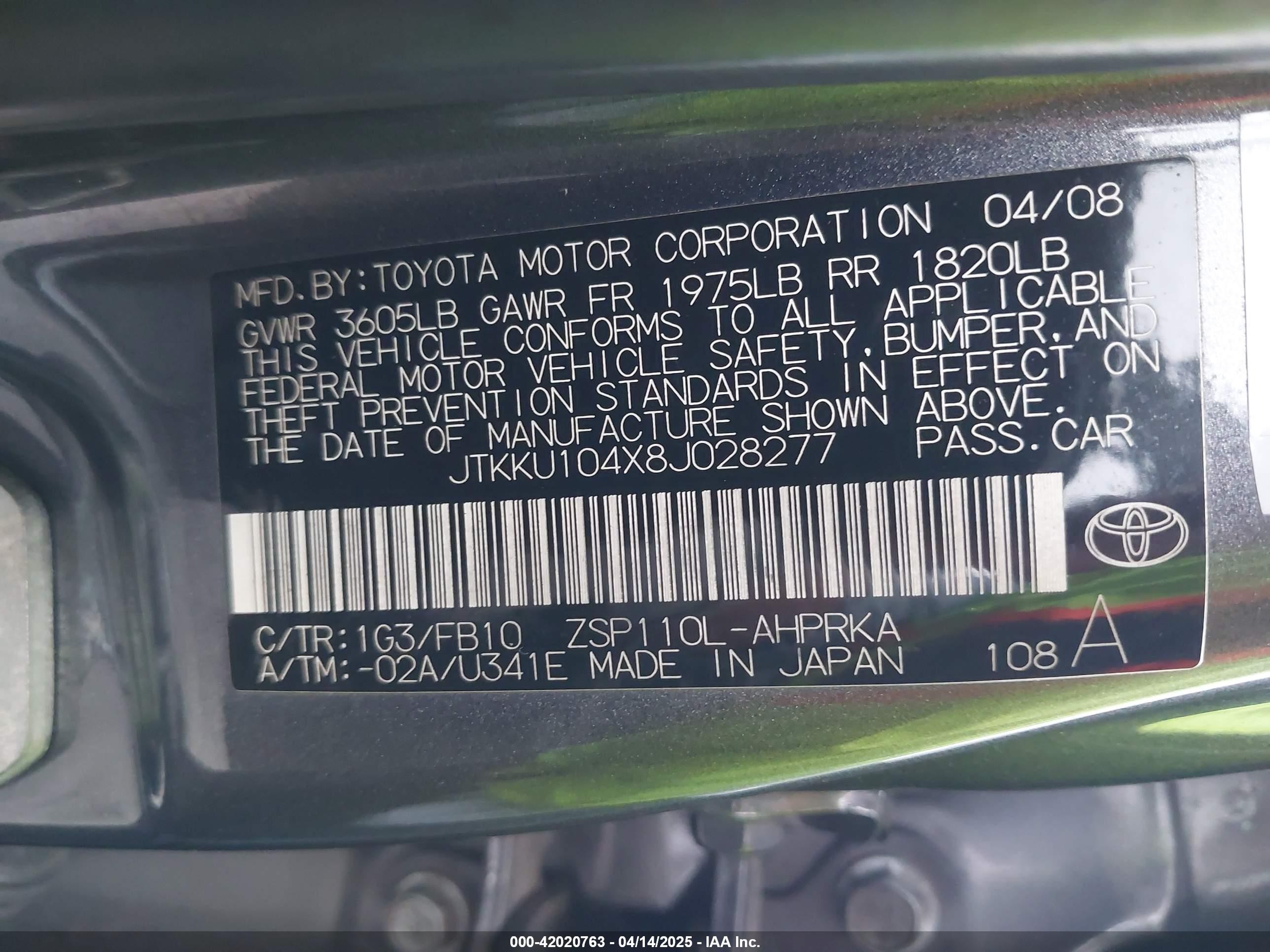 2008 Scion Xd   Gray vin: JTKKU104X8J028277