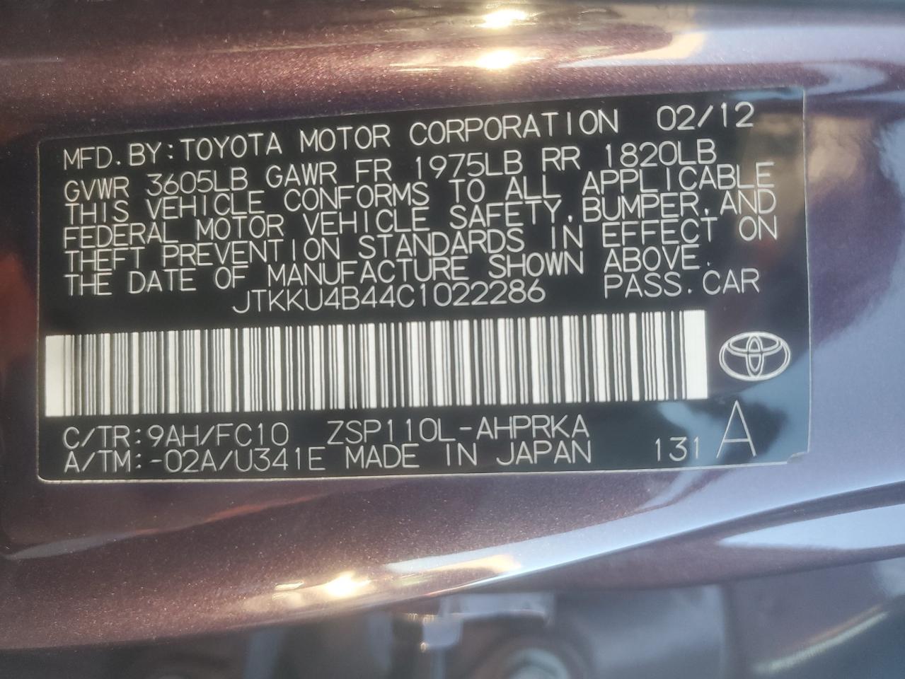 2012 Toyota Scion Xd Purple vin: JTKKU4B44C1022286