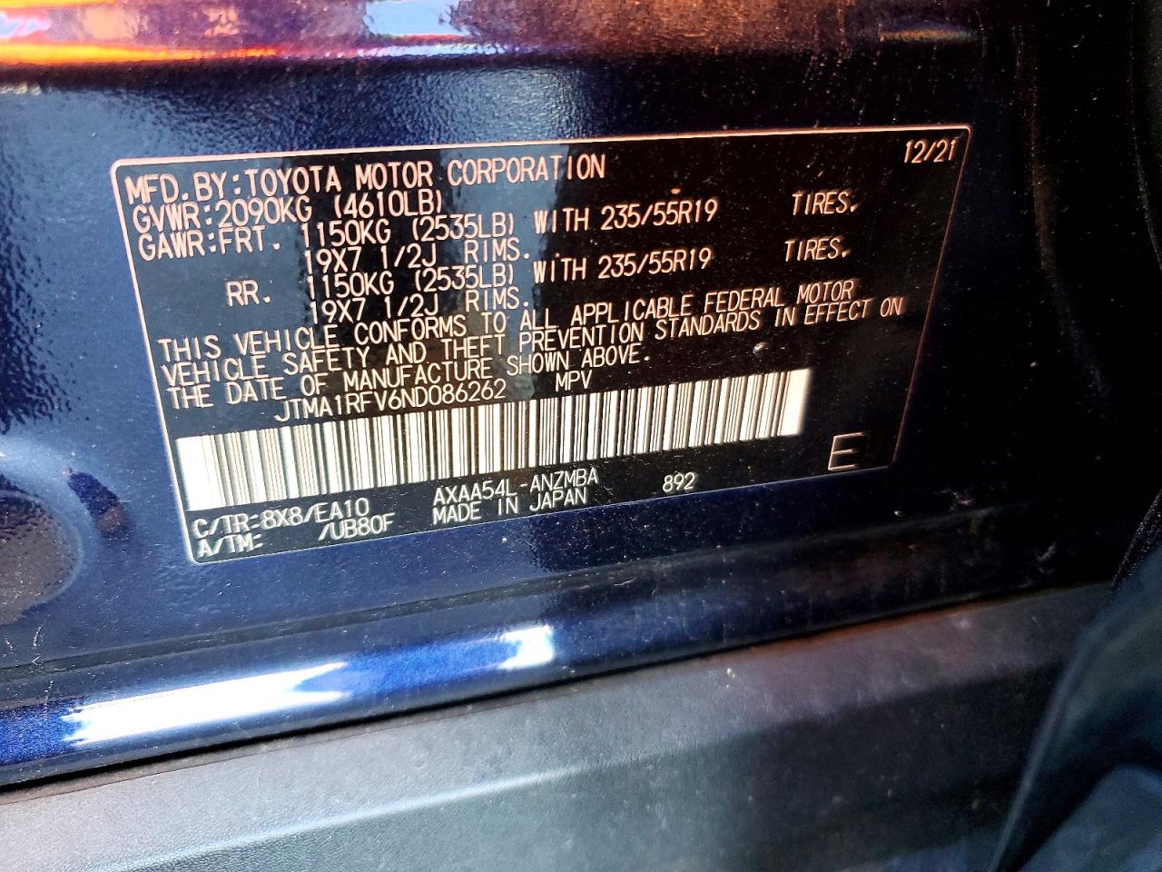 2022 Toyota Rav4 Xle Premium Blue vin: JTMA1RFV6ND086262