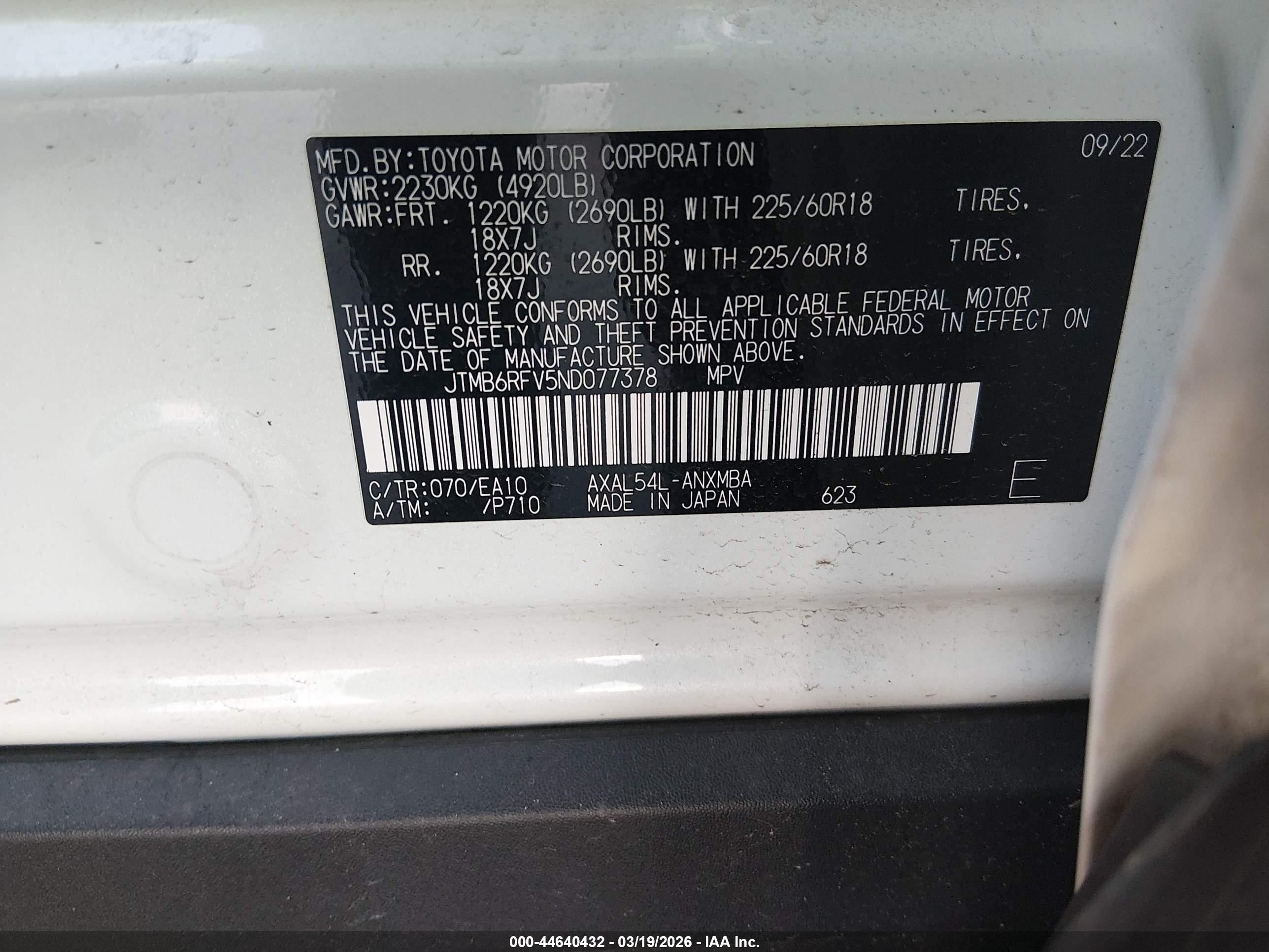 2022 Toyota Rav4 Hybrid Xle Premium White vin: JTMB6RFV5ND077378
