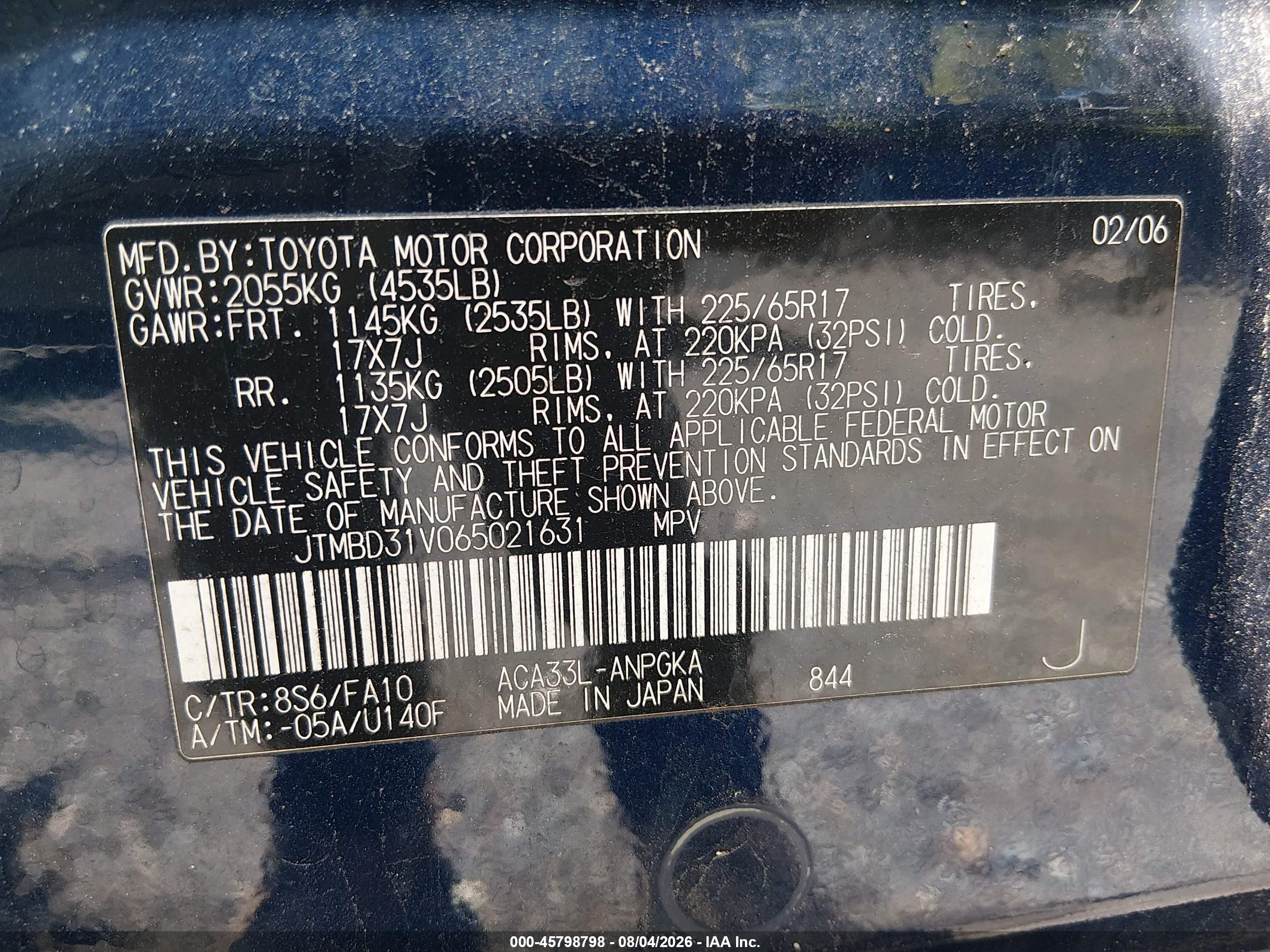 2006 Toyota Rav4 Limited Blue vin: JTMBD31V065021631
