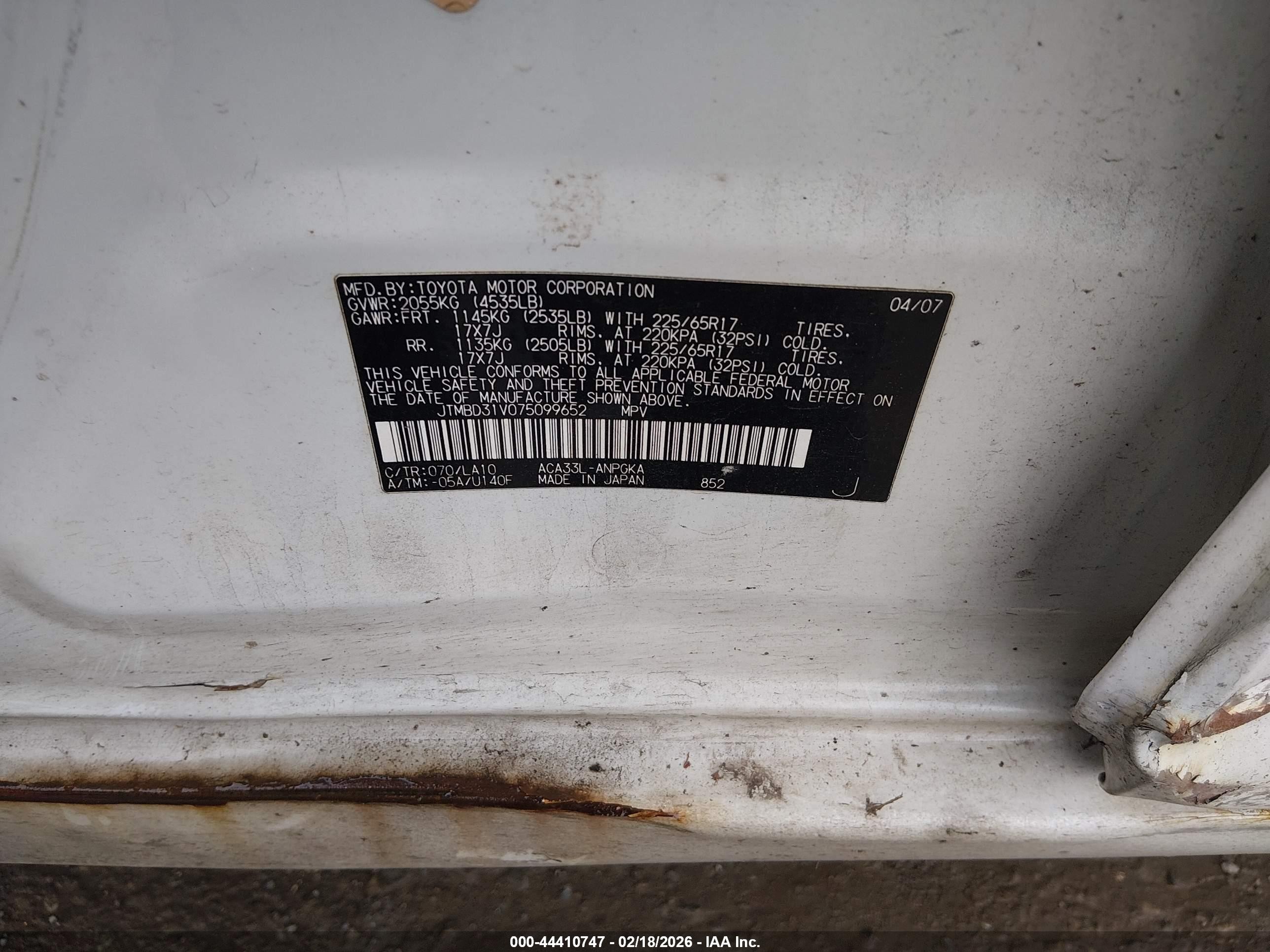 2007 Toyota Rav4 Limited White vin: JTMBD31V075099652