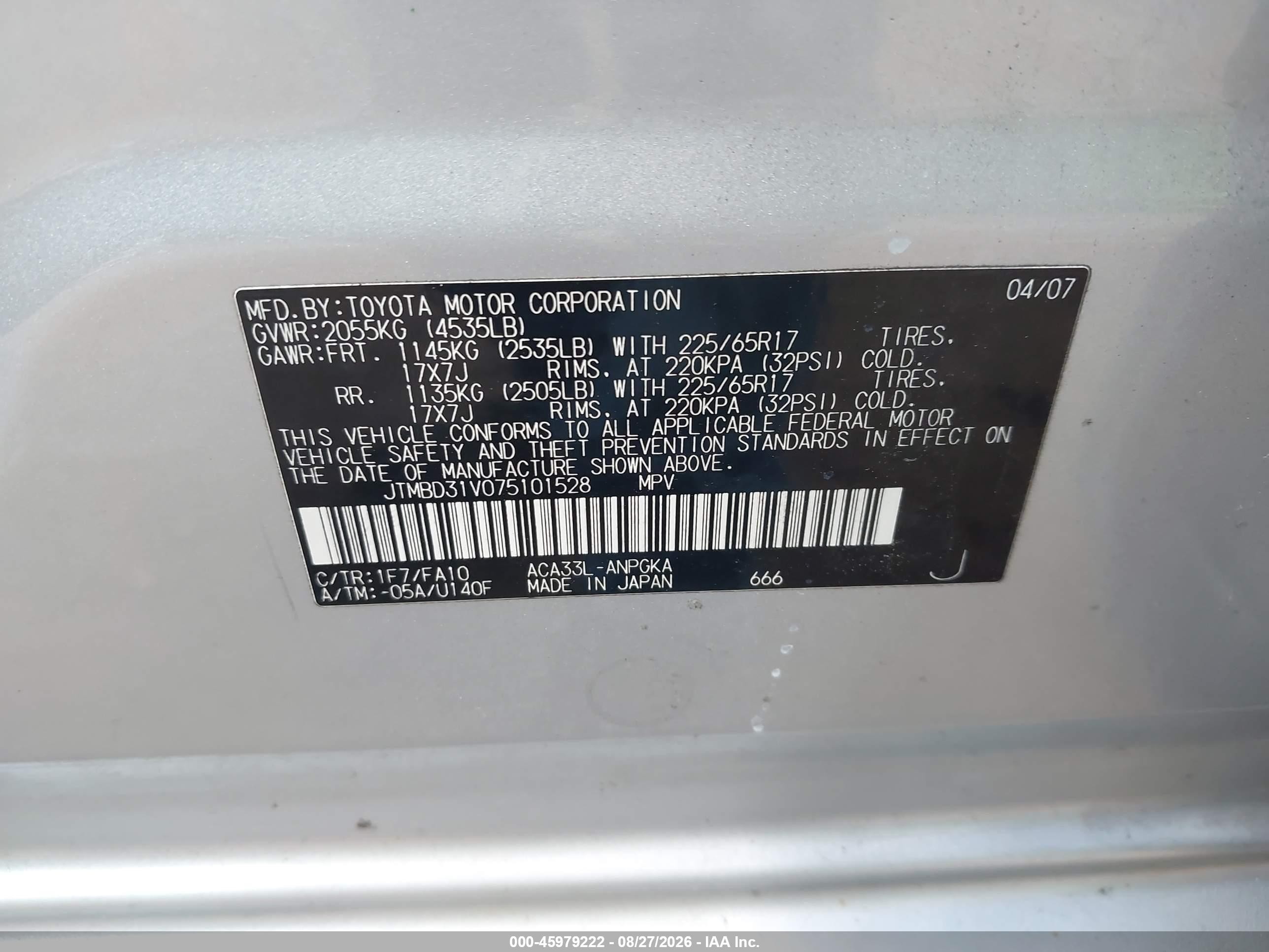 2007 Toyota Rav4 Limited Silver vin: JTMBD31V075101528