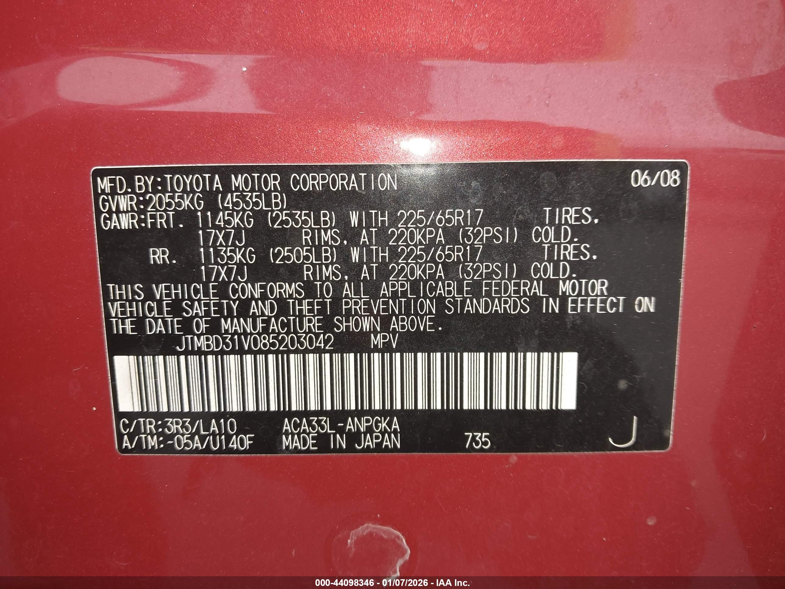 2008 Toyota Rav4 Limited Red vin: JTMBD31V085203042
