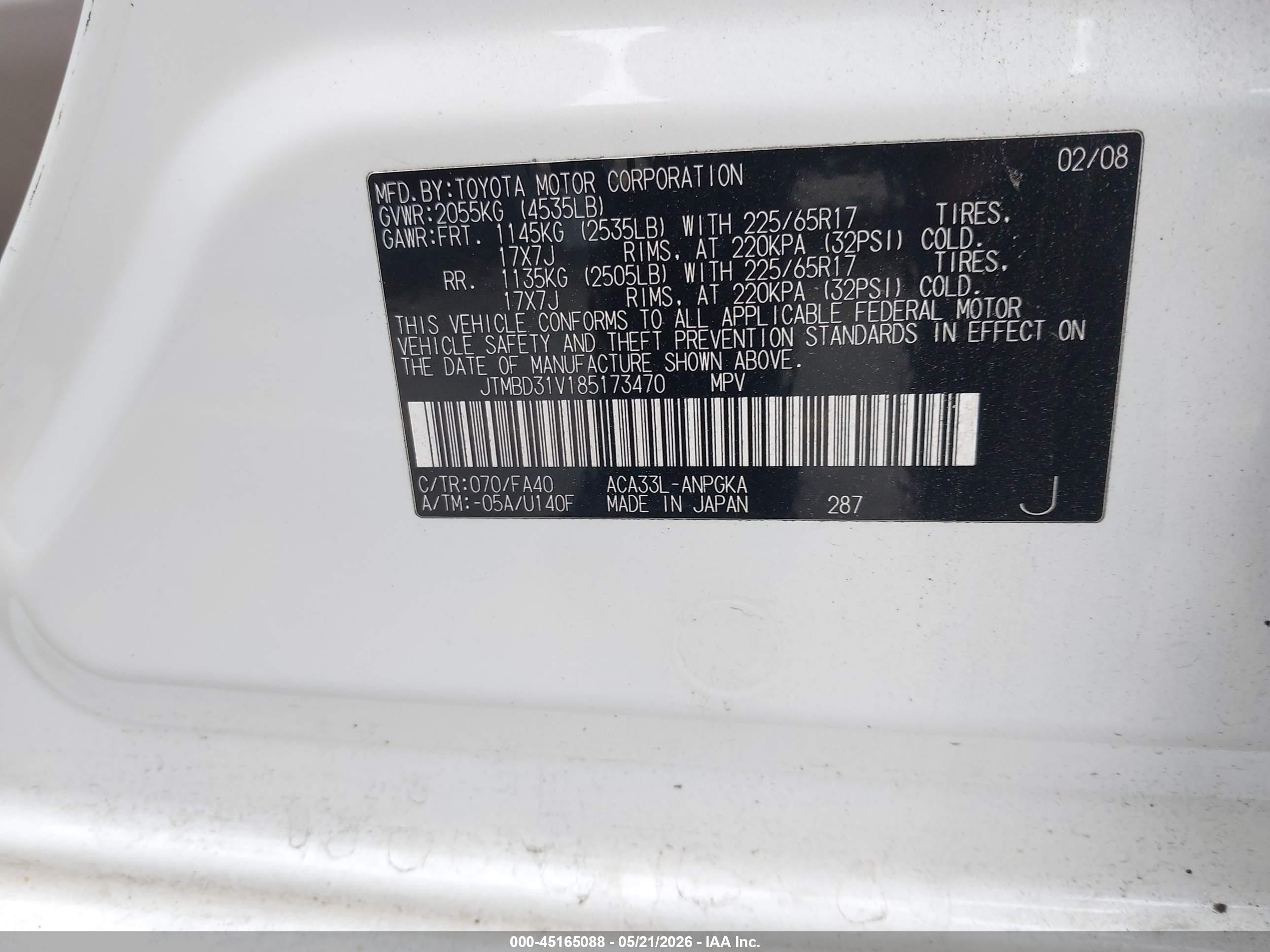 2008 Toyota Rav4 Limited White vin: JTMBD31V185173470
