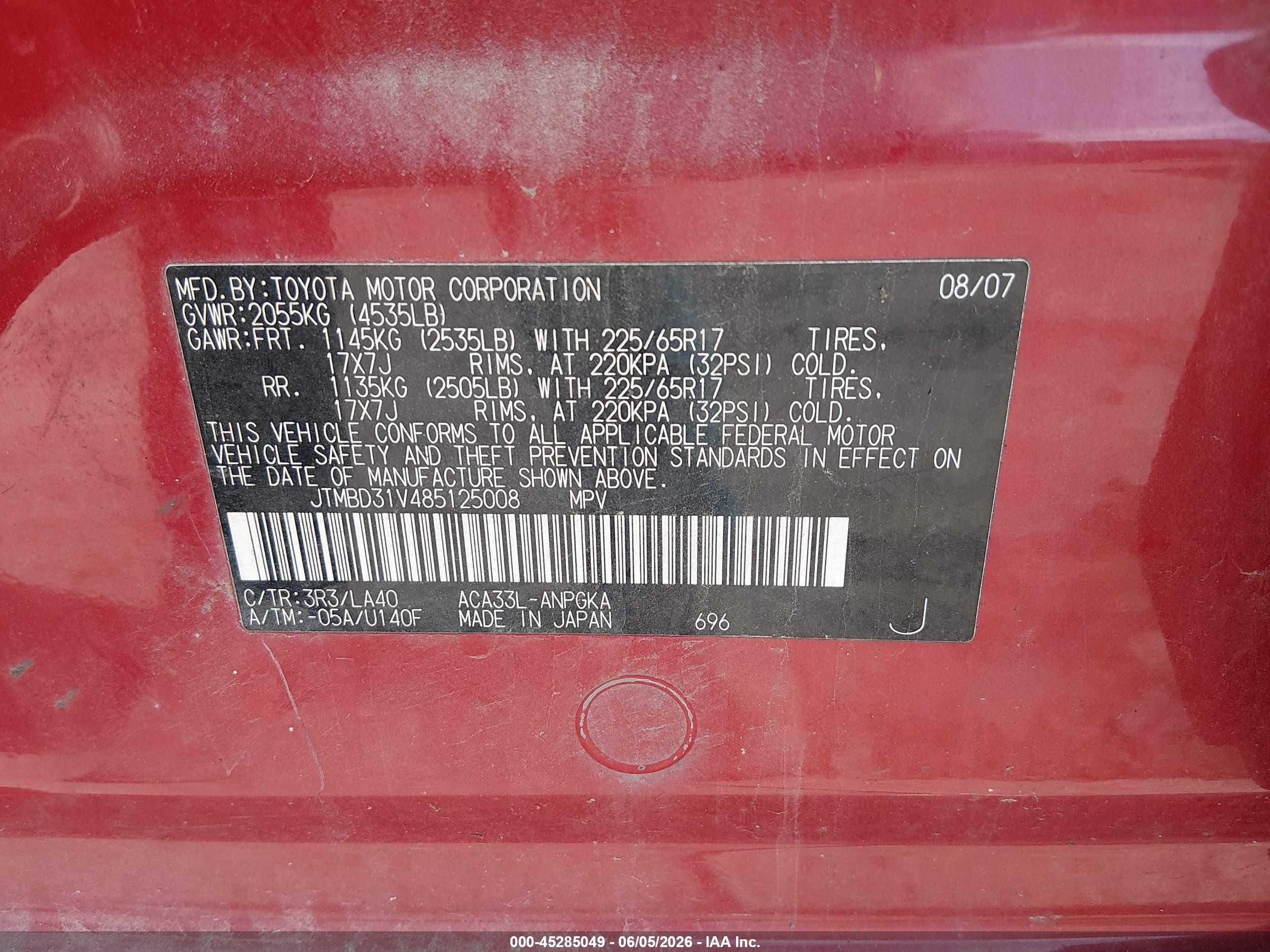 2008 Toyota Rav4 Limited Red vin: JTMBD31V485125008