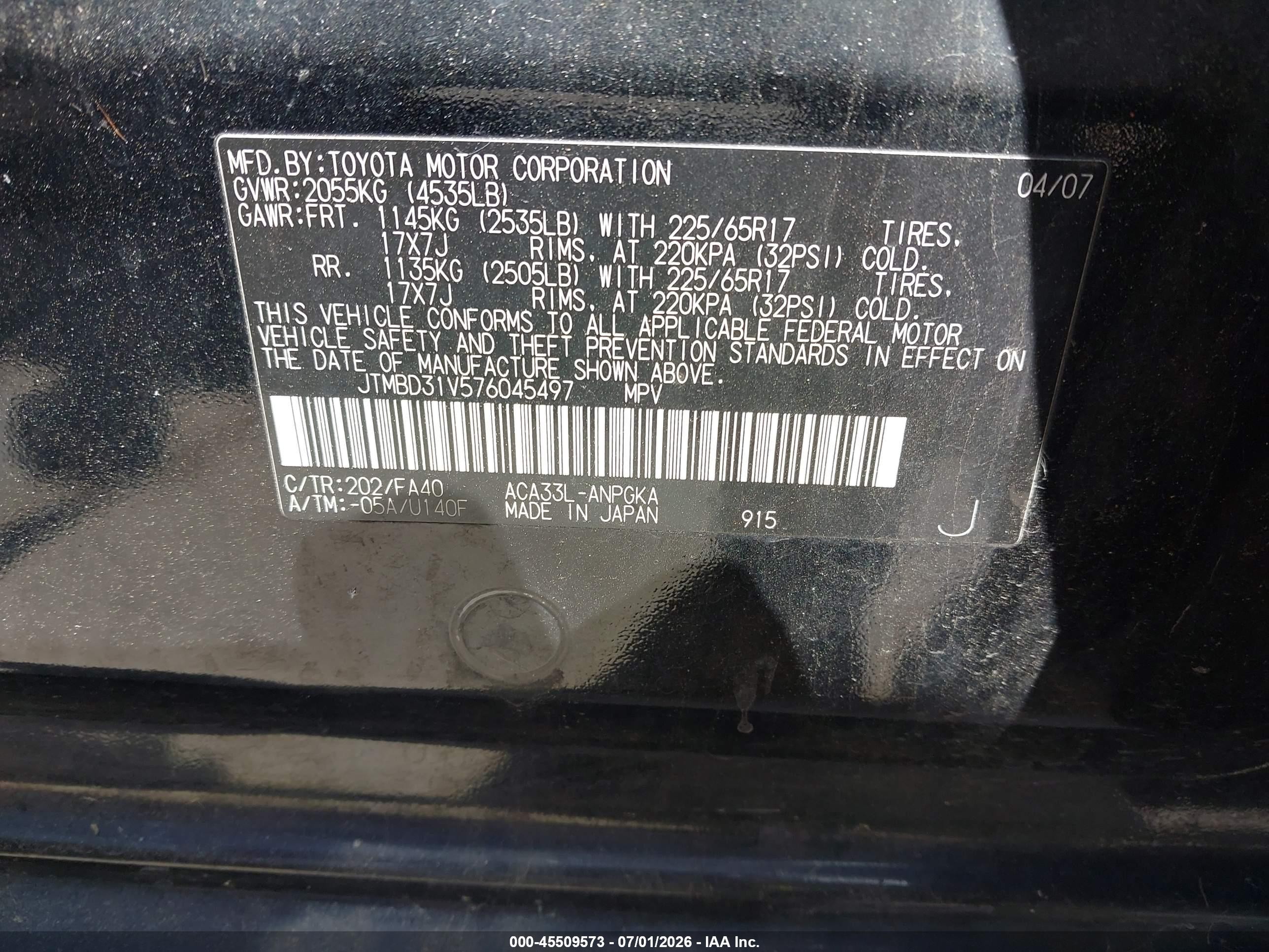 2007 Toyota Rav4 Limited Black vin: JTMBD31V576045497