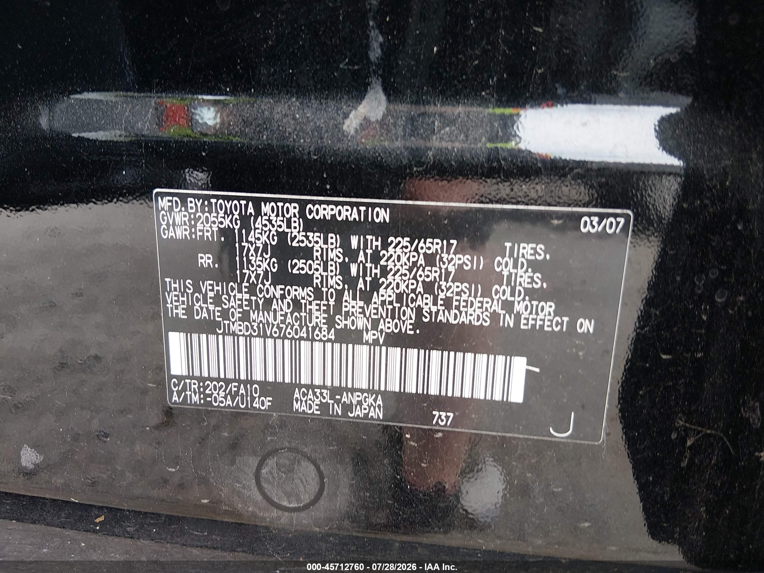 2007 Toyota Rav4 Limited Black vin: JTMBD31V676041684