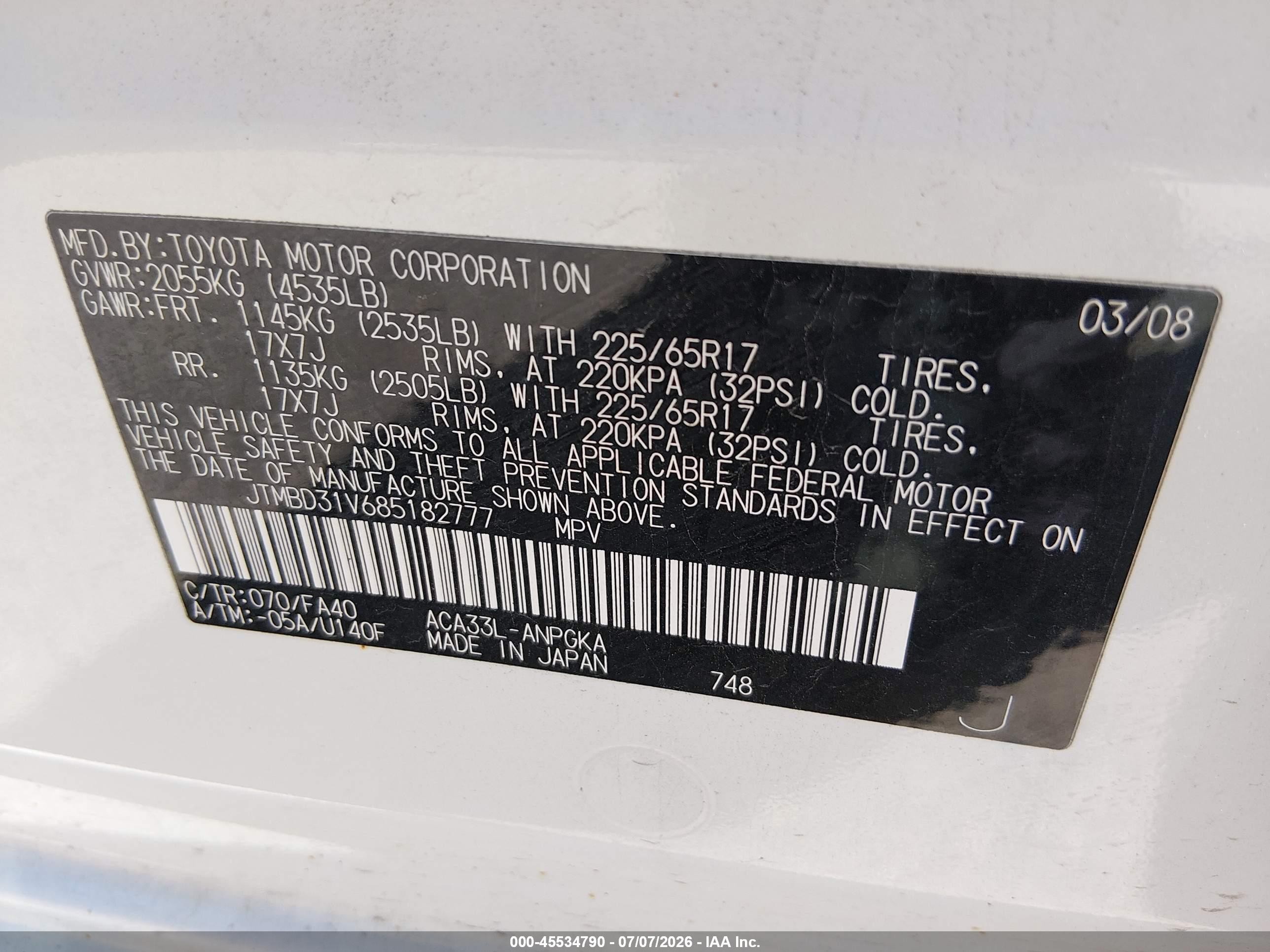 2008 Toyota Rav4 Limited White vin: JTMBD31V685182777