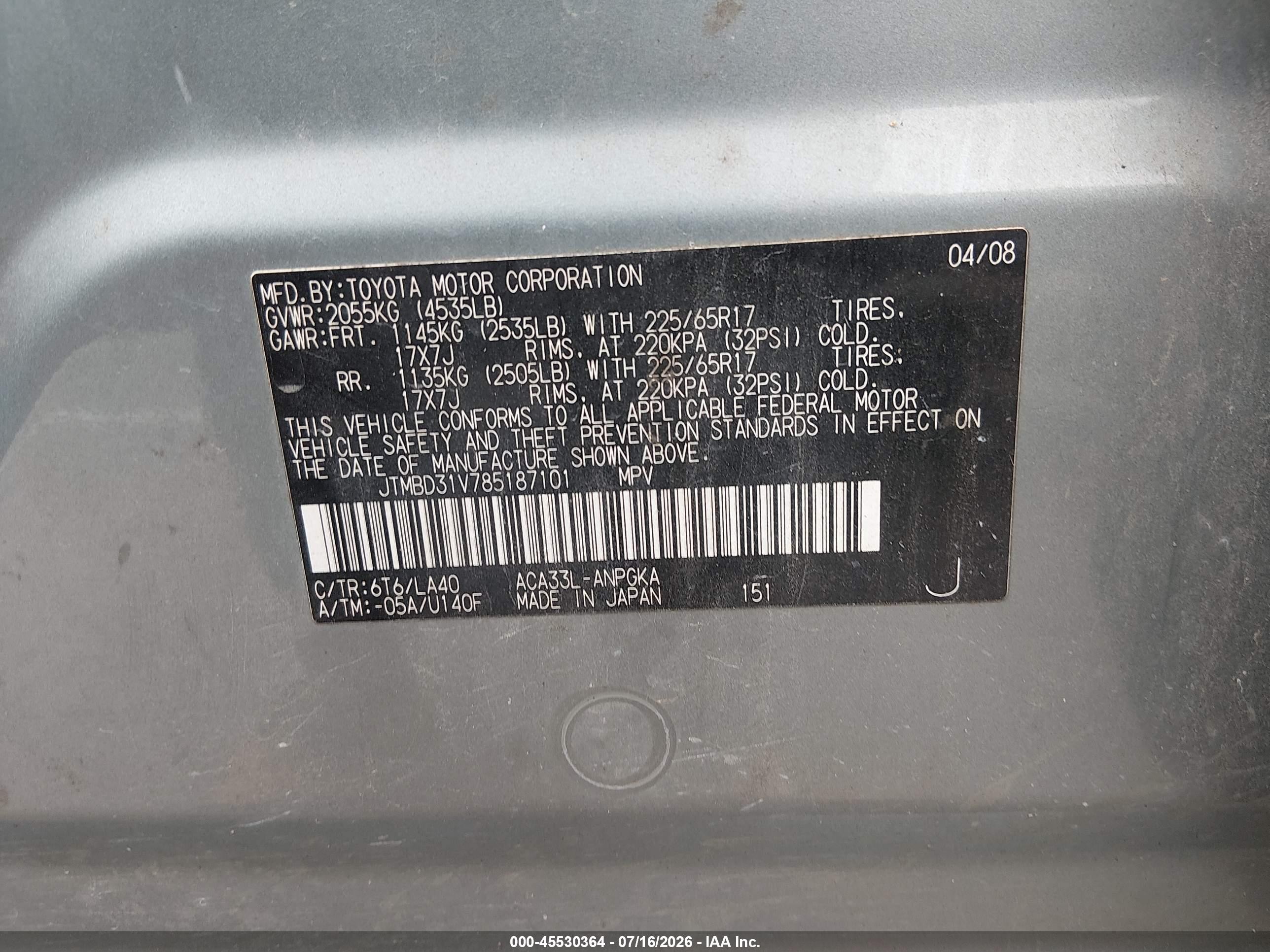 2008 Toyota Rav4 Limited Green vin: JTMBD31V785187101