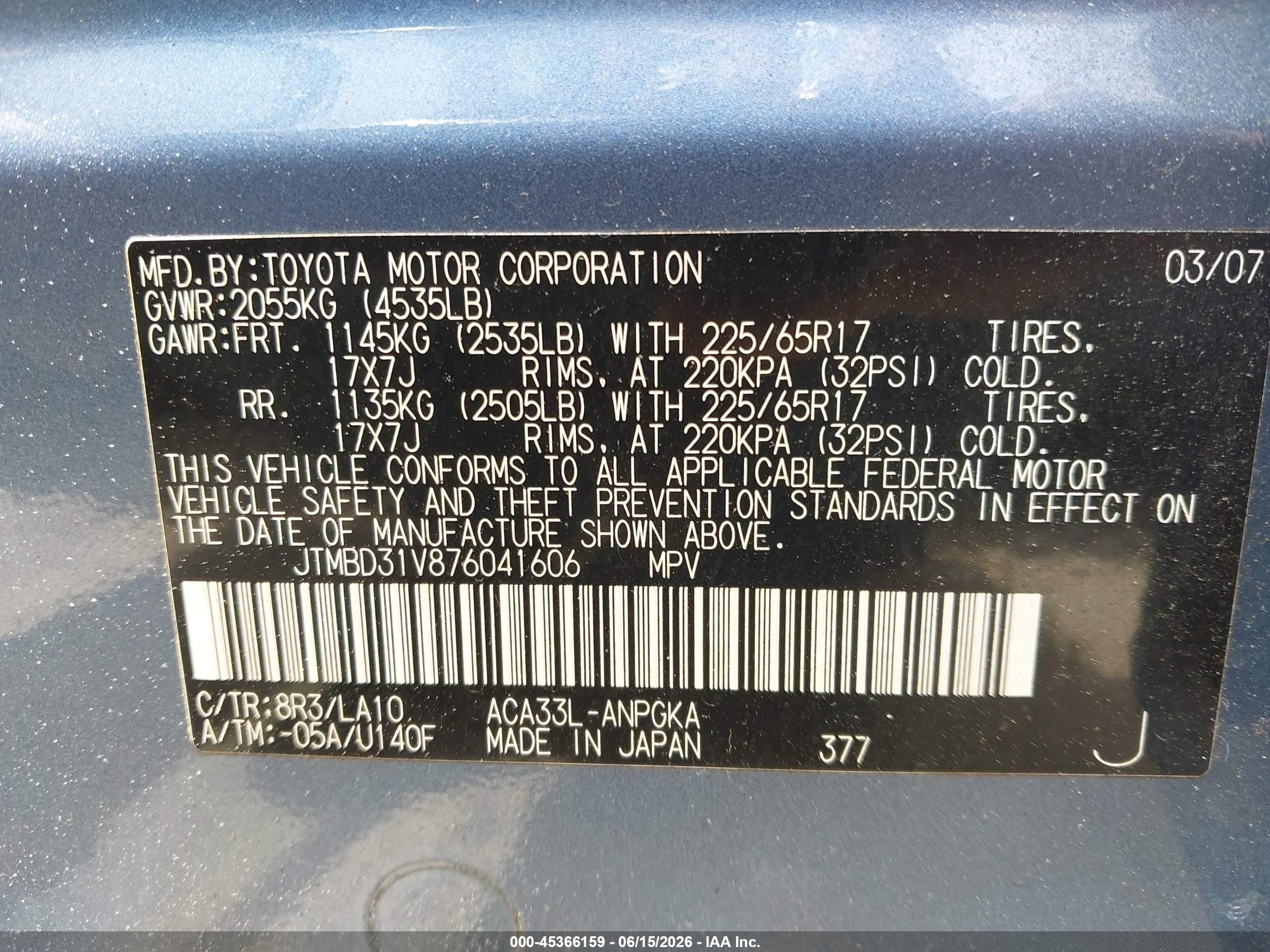 2007 Toyota Rav4 Limited Light Blue vin: JTMBD31V876041606
