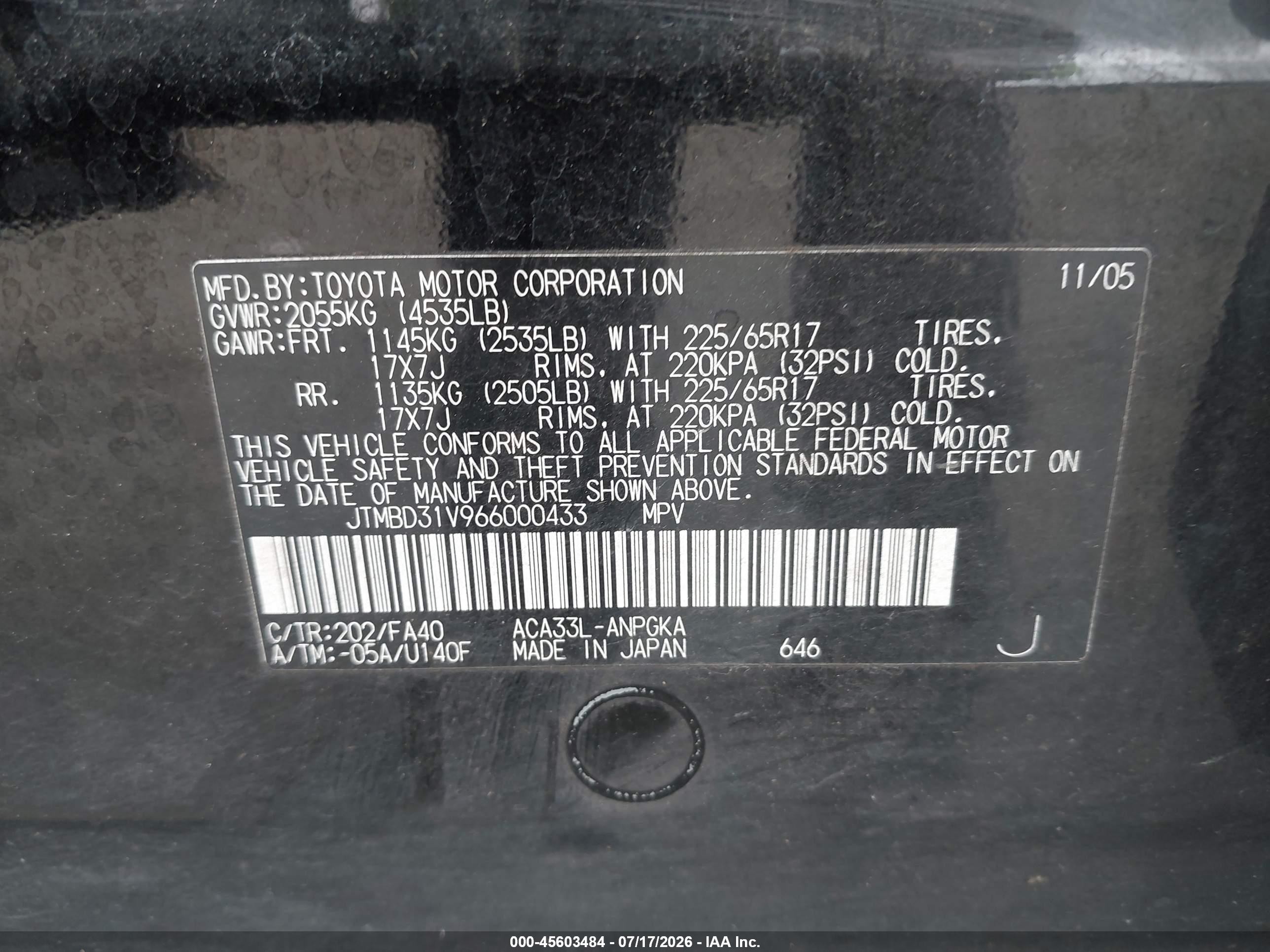 2006 Toyota Rav4 Limited Black vin: JTMBD31V966000433