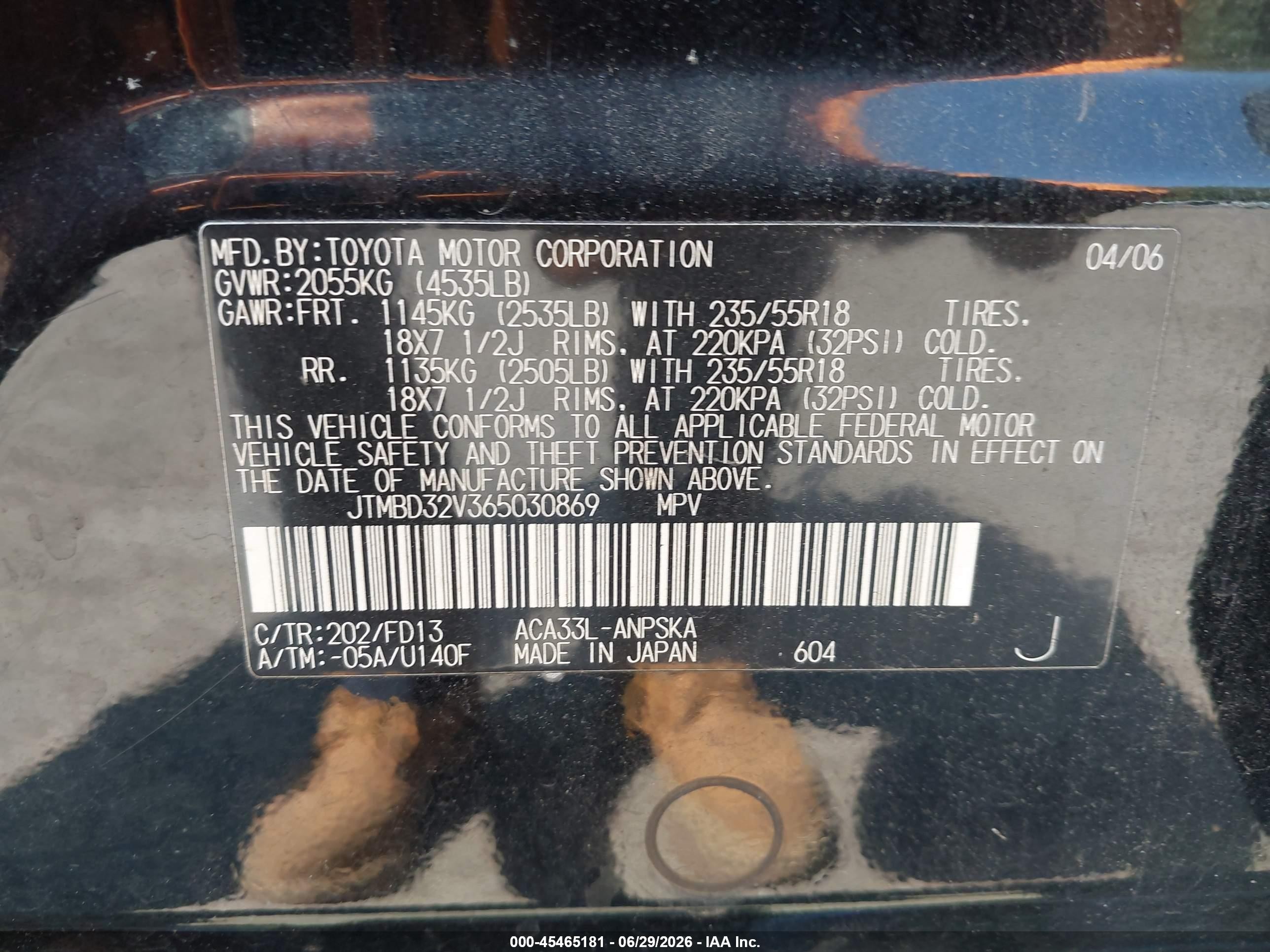 2006 Toyota Rav4 Sport Черный vin: JTMBD32V365030869
