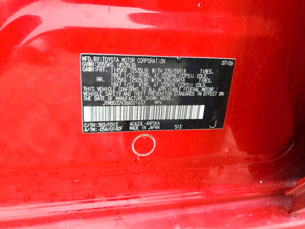 2006 Toyota Rav4 Sport Red vin: JTMBD32V366021633