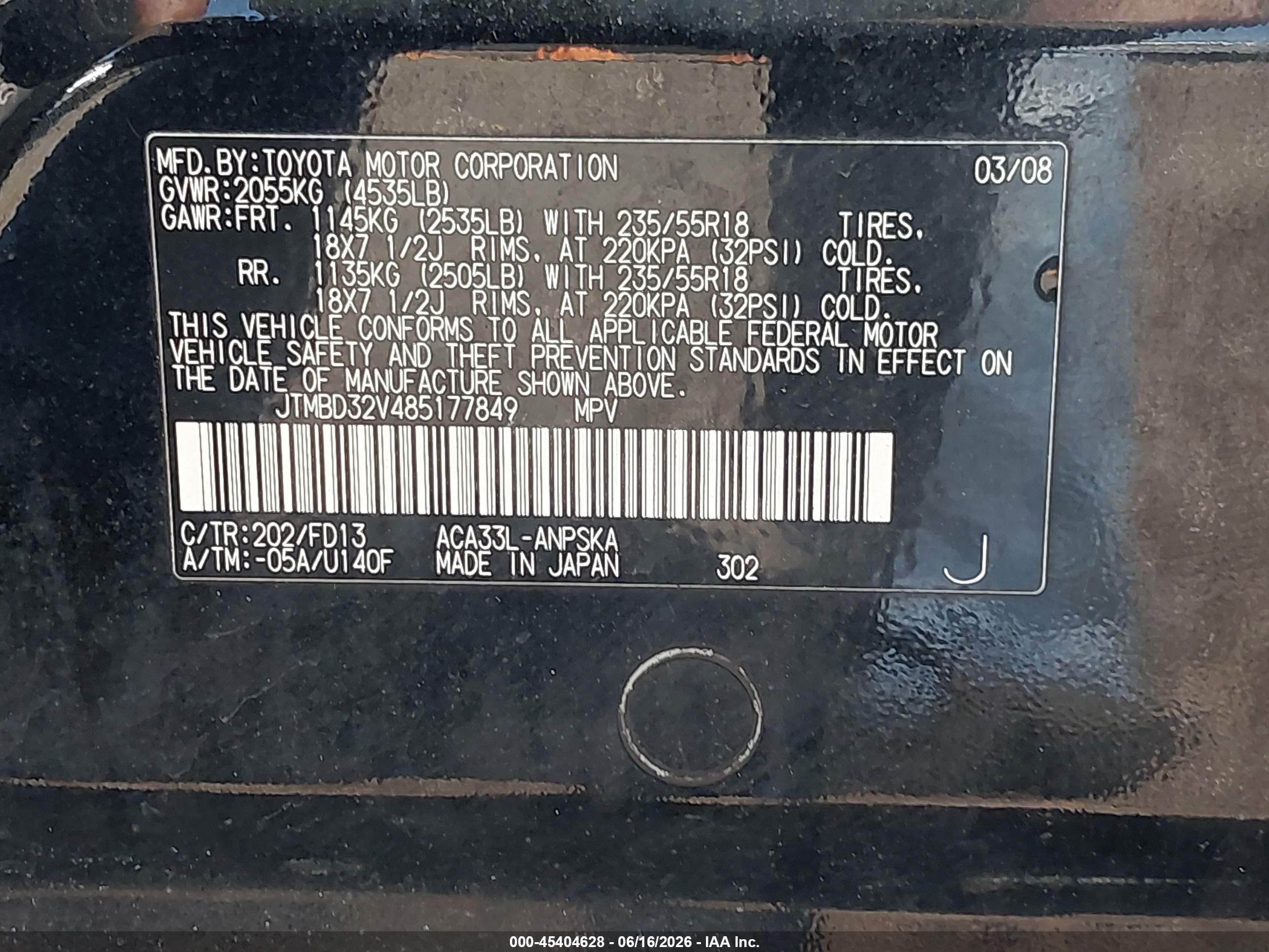 2008 Toyota Rav4 Sport Black vin: JTMBD32V485177849