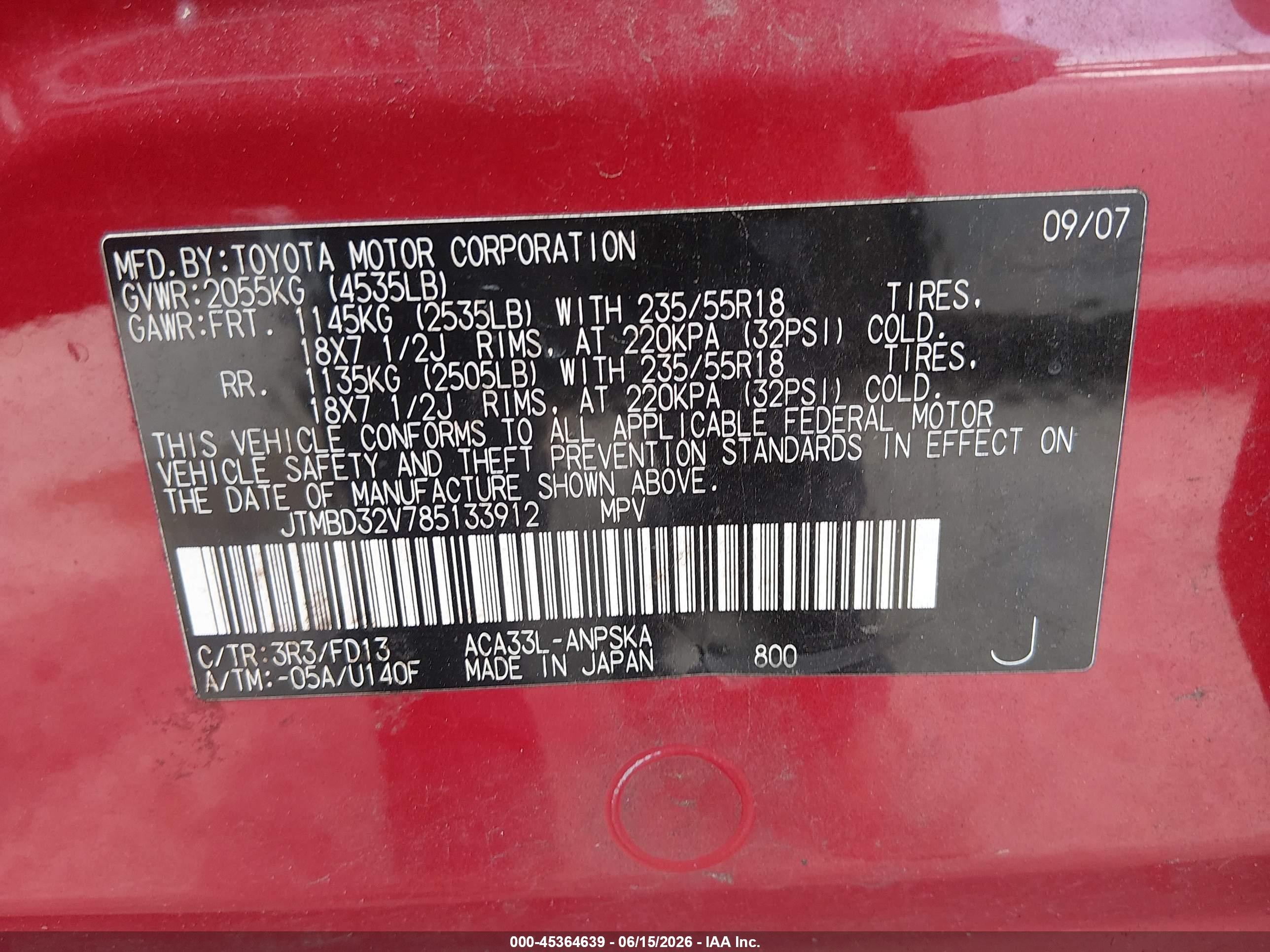 2008 Toyota Rav4 Sport Red vin: JTMBD32V785133912