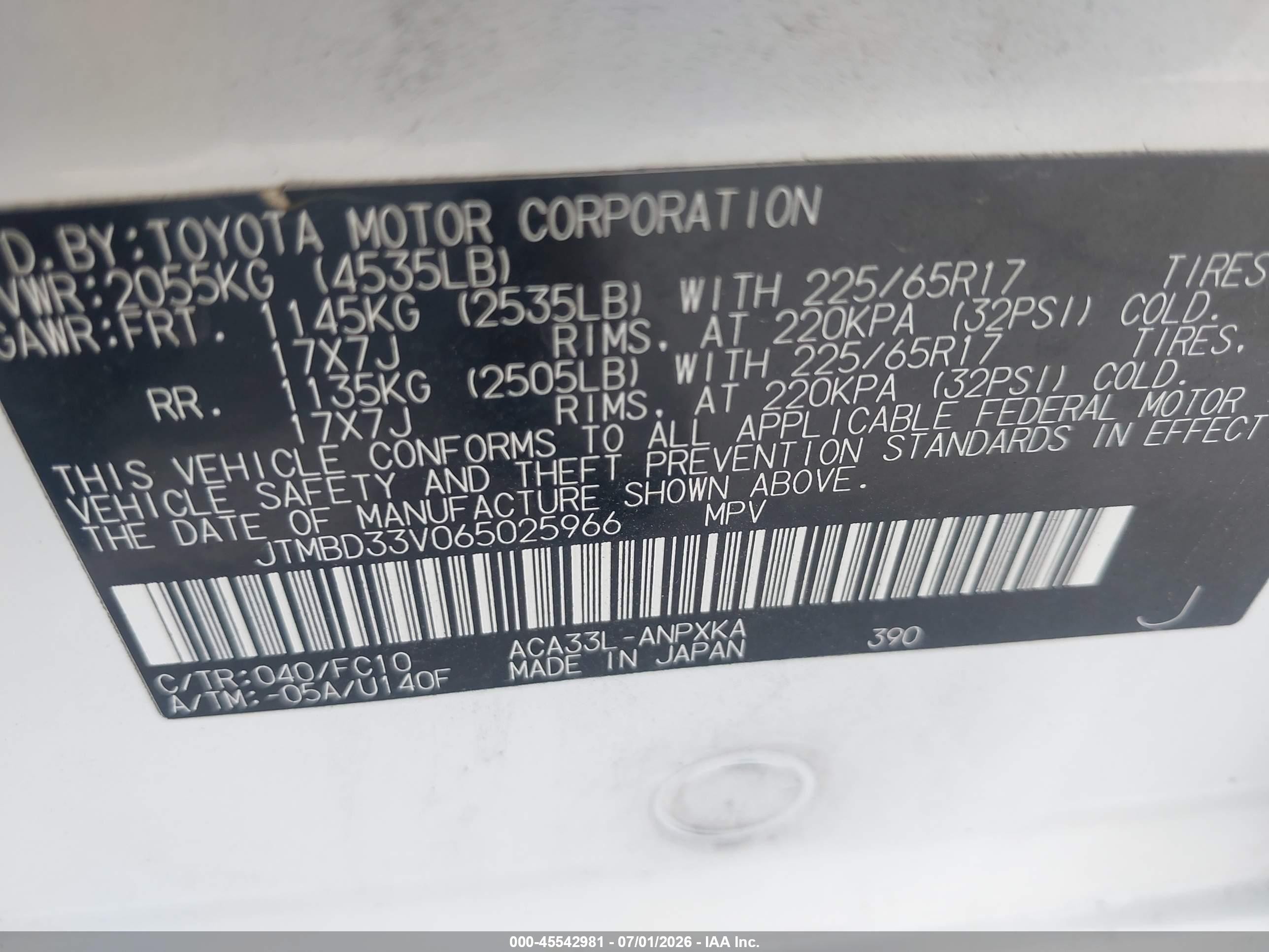 2006 Toyota Rav4   White vin: JTMBD33V065025966