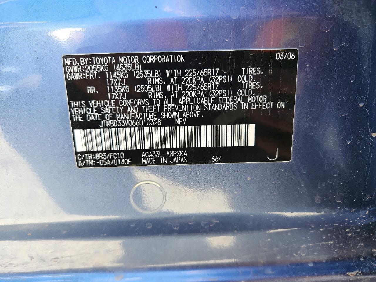 2006 Toyota Rav4 Base Blue vin: JTMBD33V066010328