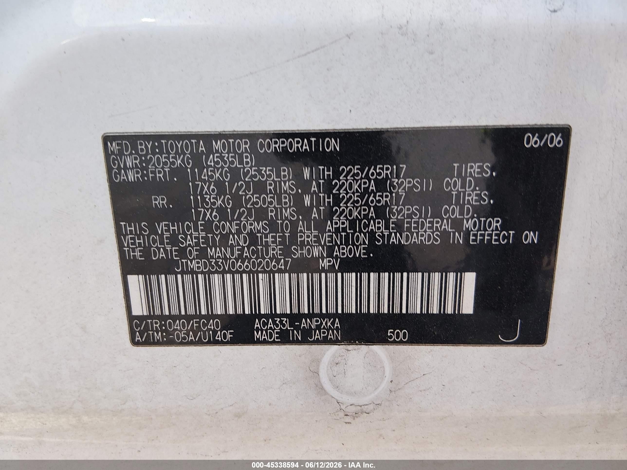 2006 Toyota Rav4   White vin: JTMBD33V066020647