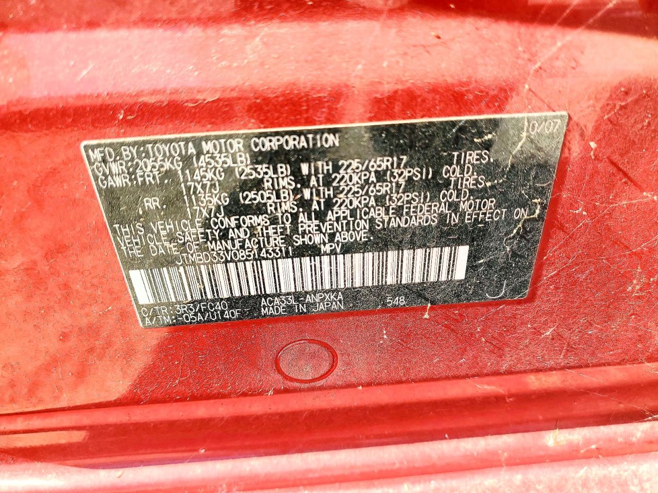 2008 Toyota Rav4 Base Red vin: JTMBD33V085143311