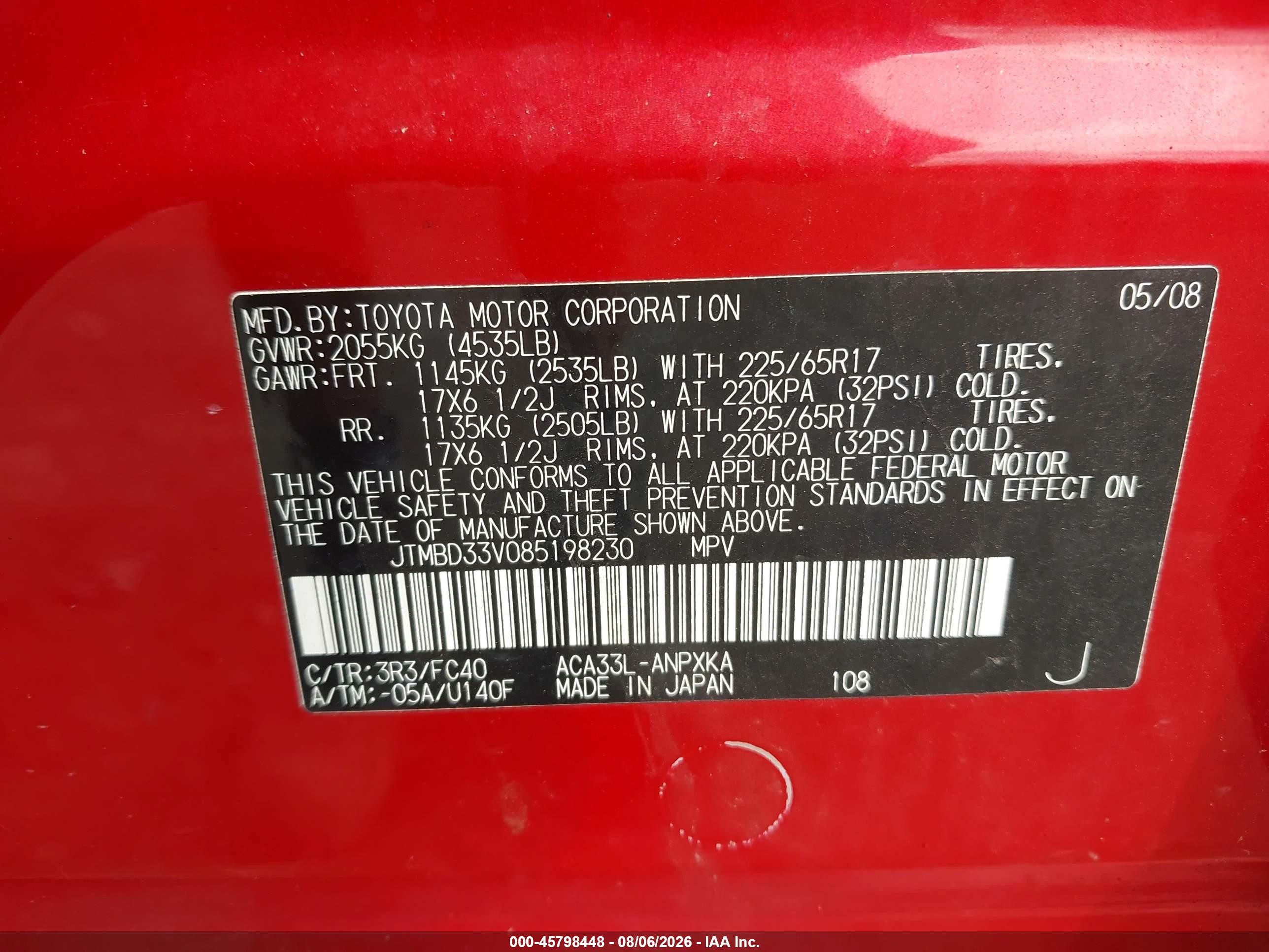 2008 Toyota Rav4   Red vin: JTMBD33V085198230