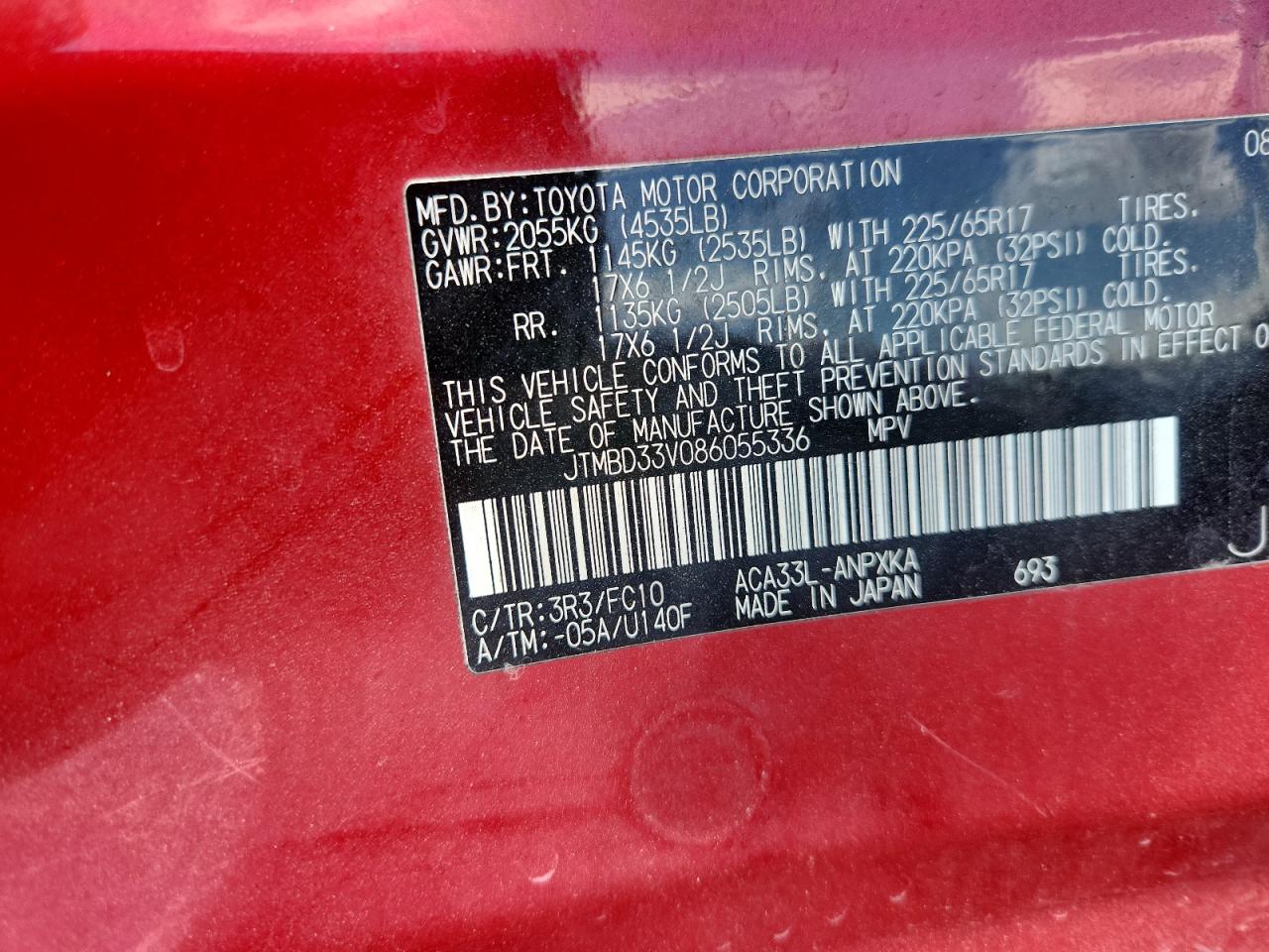 2008 Toyota Rav4 Base Red vin: JTMBD33V086055336