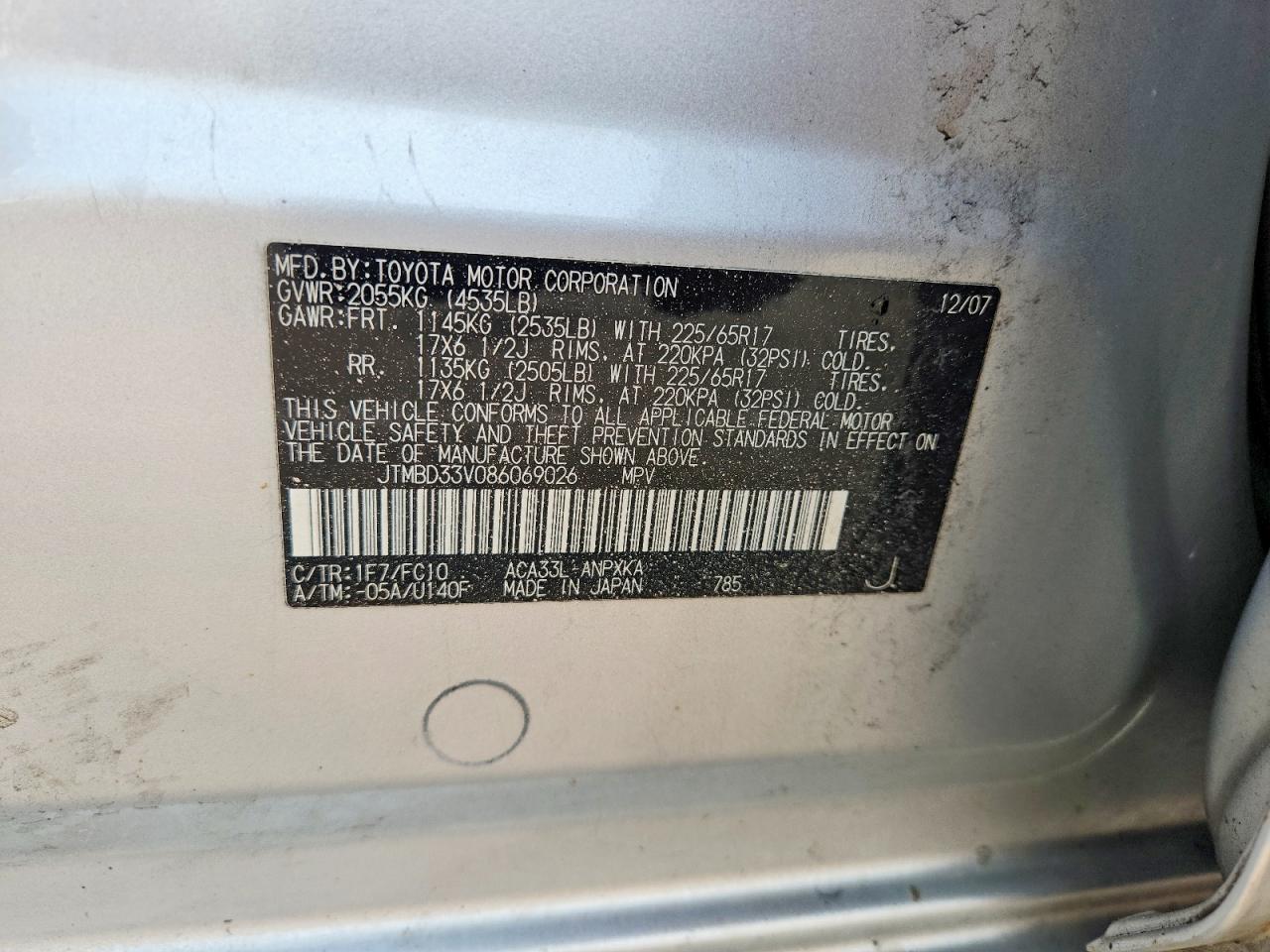 2008 Toyota Rav4 Base Silver vin: JTMBD33V086069026