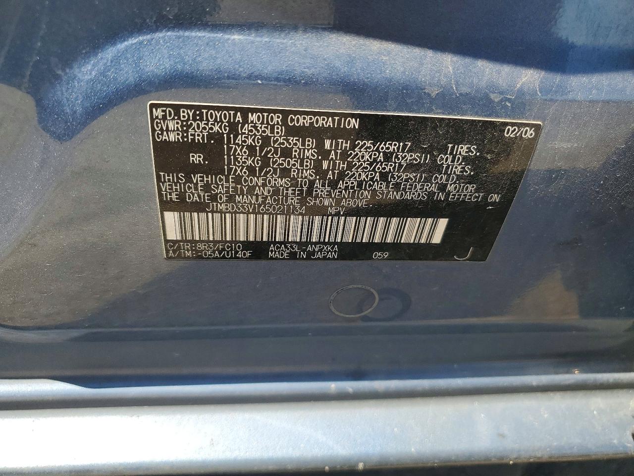 2006 Toyota Rav4 Base Blue vin: JTMBD33V165021134