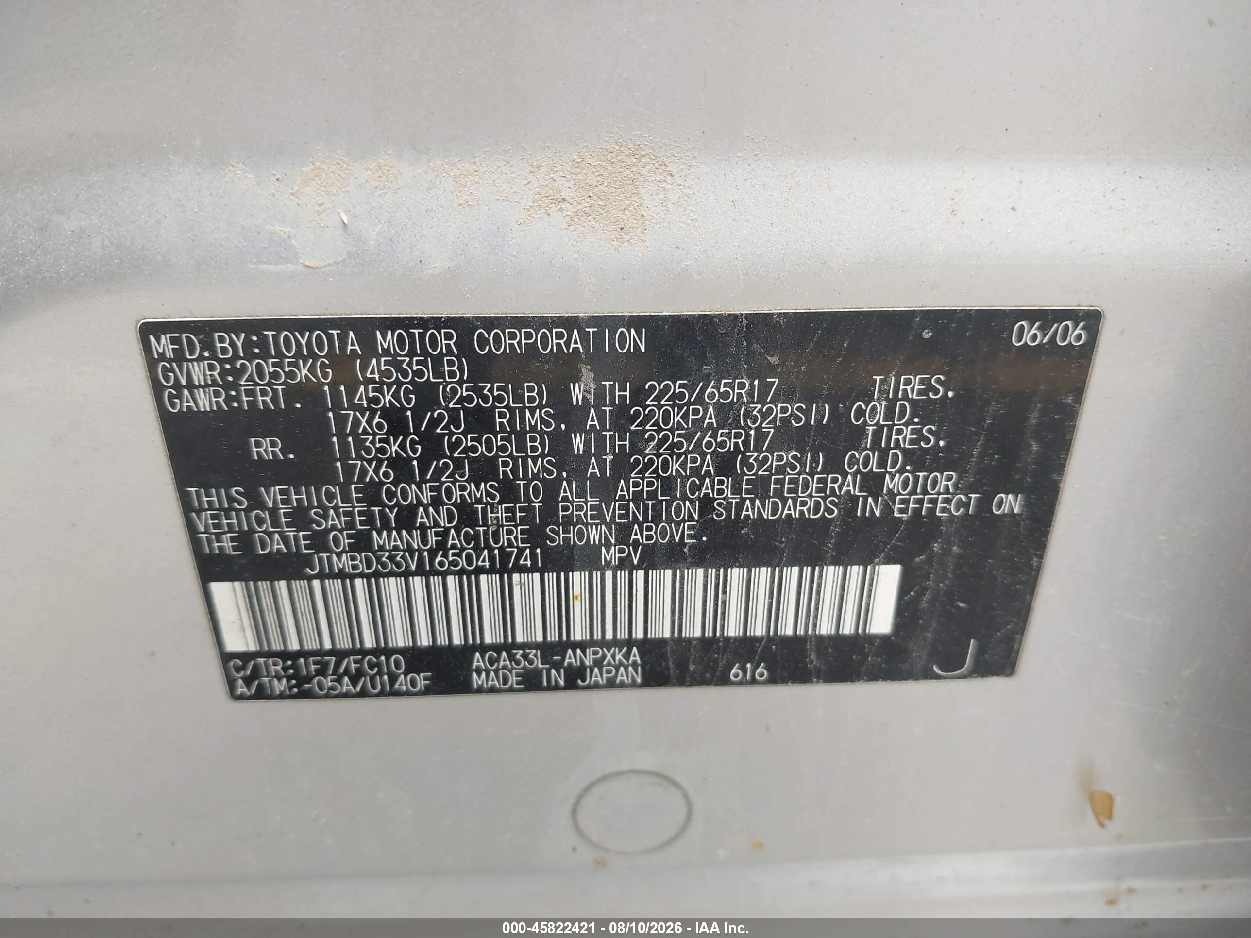 2006 Toyota Rav4   Silver vin: JTMBD33V165041741