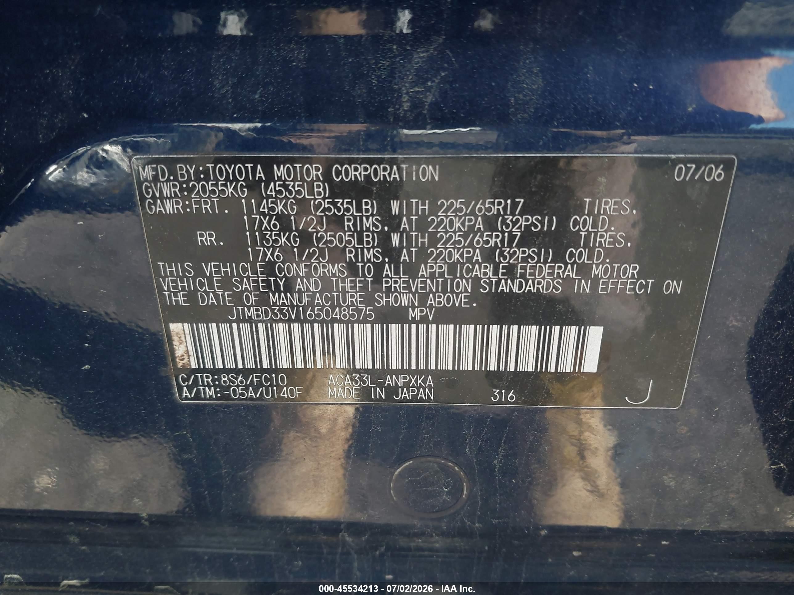 2006 Toyota Rav4   Black vin: JTMBD33V165048575