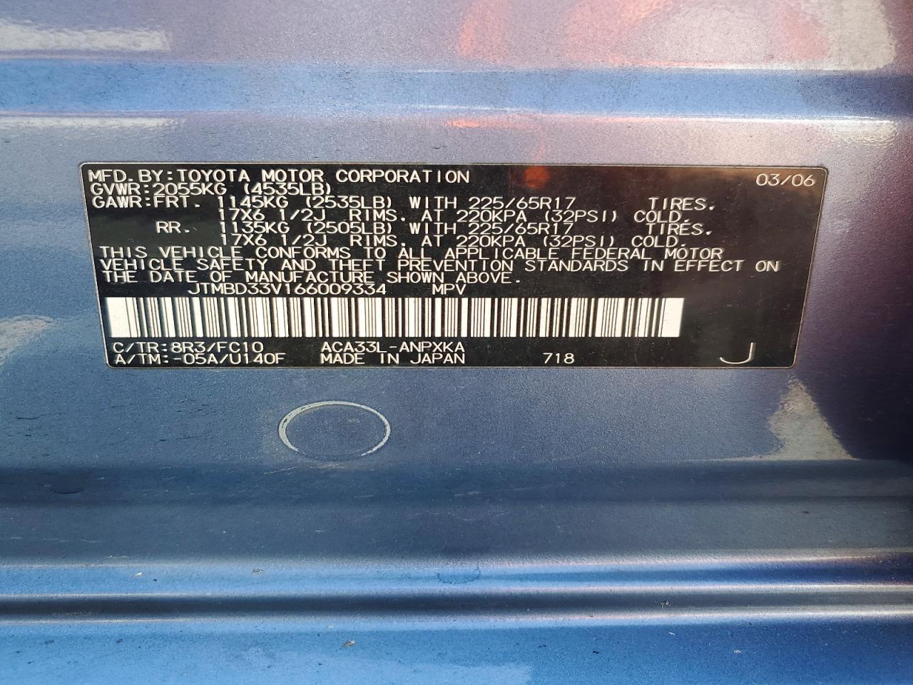2006 Toyota Rav4 Base Blue vin: JTMBD33V166009334