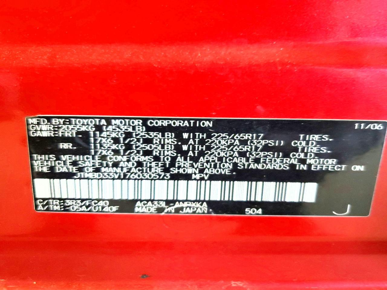 2007 Toyota Rav4 Base Red vin: JTMBD33V176030573