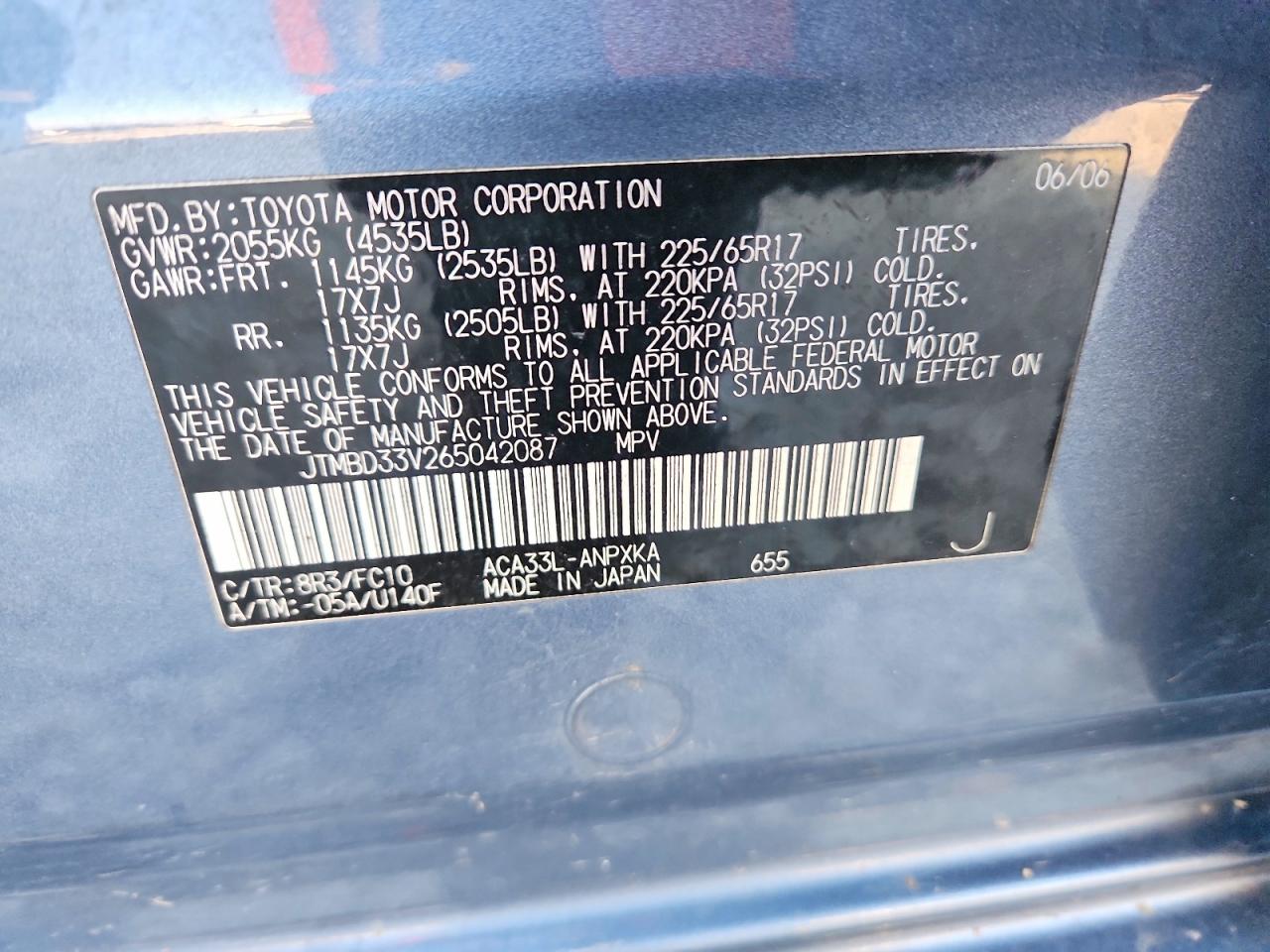 2006 Toyota Rav4 Base Blue vin: JTMBD33V265042087