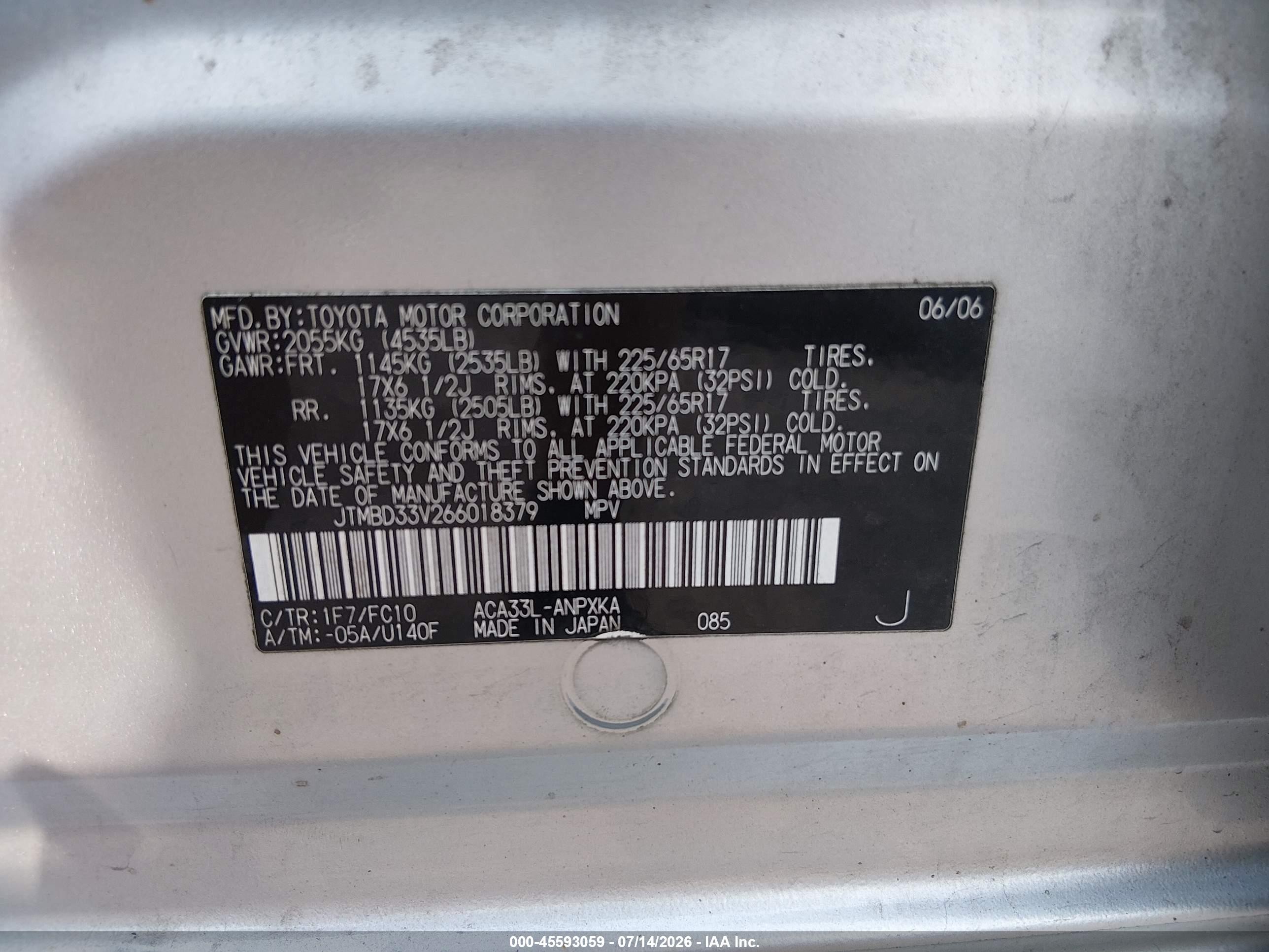2006 Toyota Rav4   Silver vin: JTMBD33V266018379