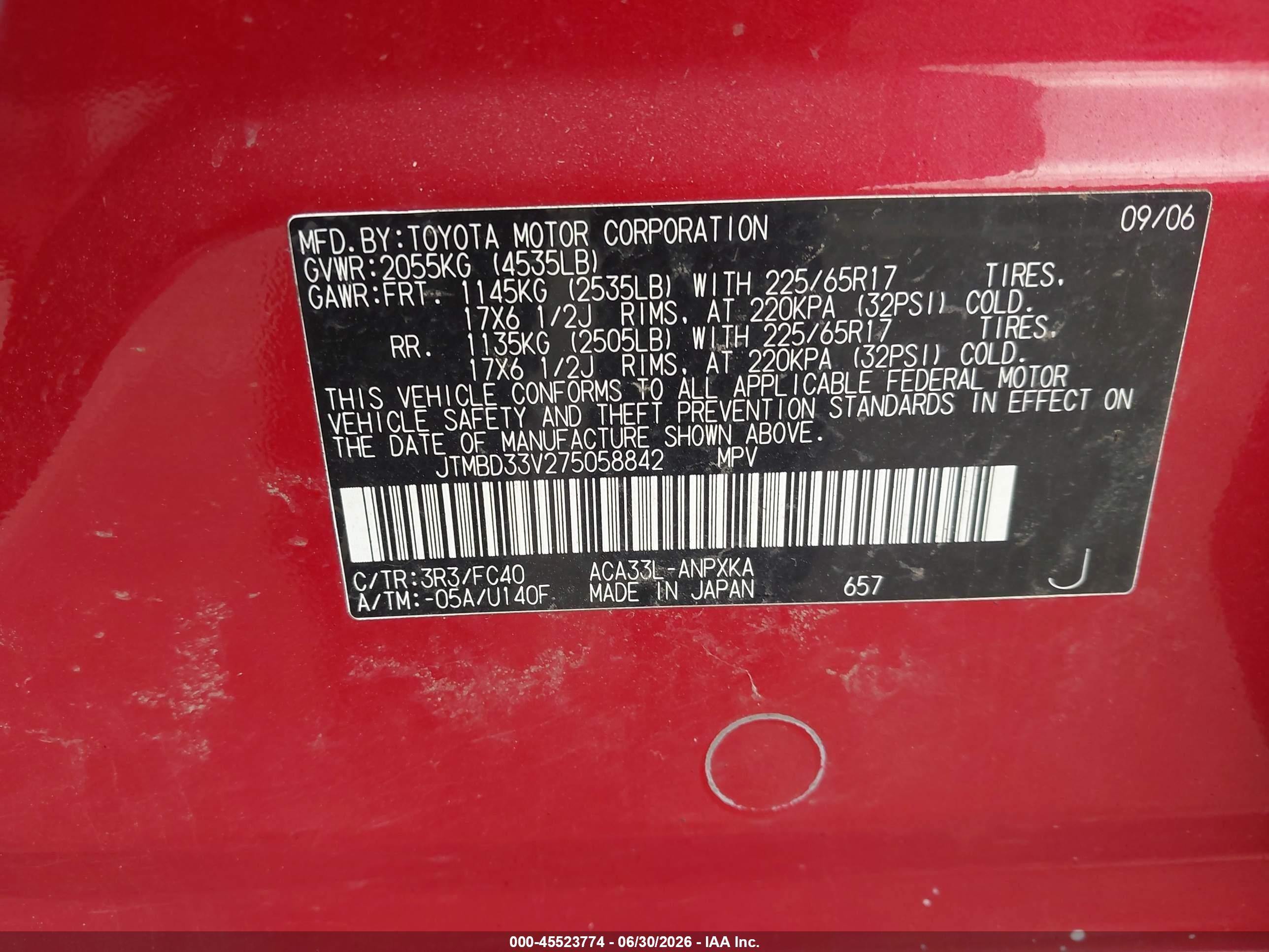 2007 Toyota Rav4   Red vin: JTMBD33V275058842