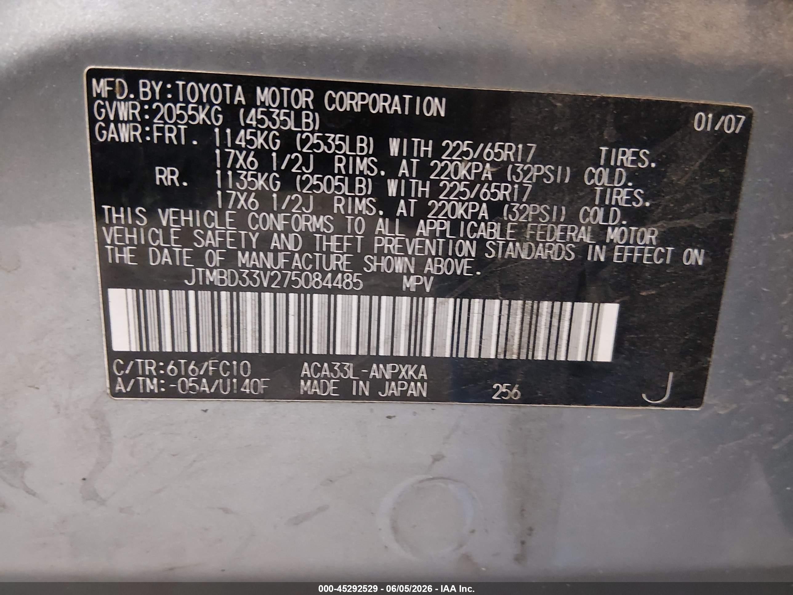 2007 Toyota Rav4   Green vin: JTMBD33V275084485