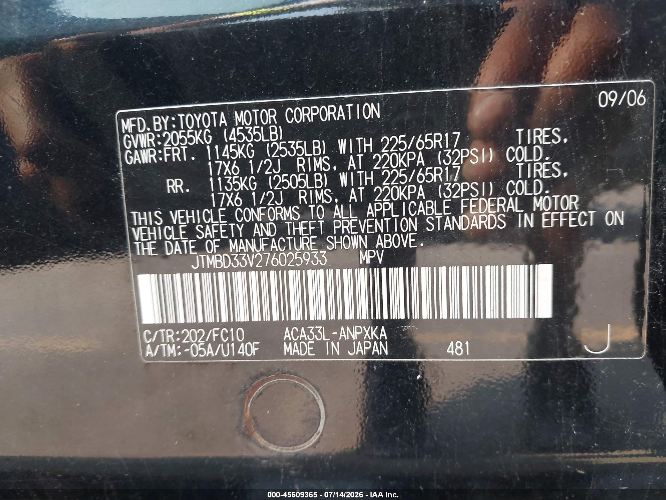2007 Toyota Rav4   Black vin: JTMBD33V276025933