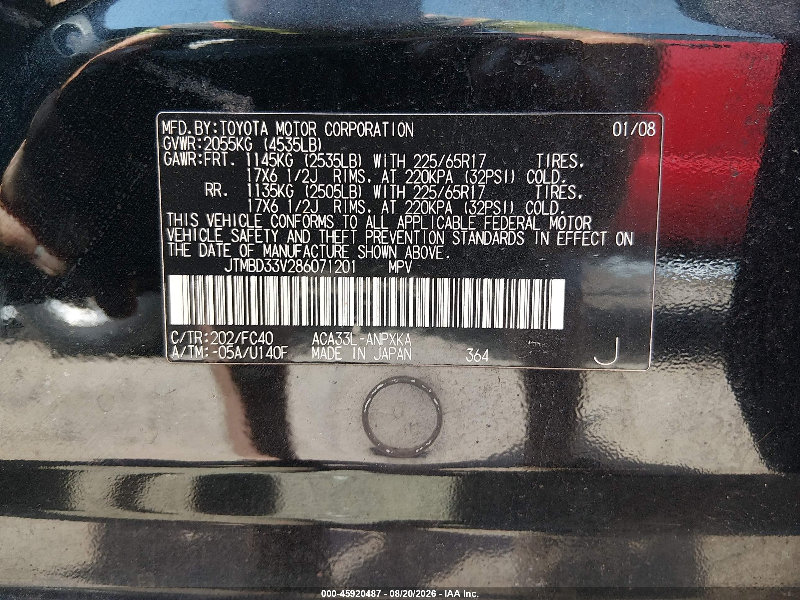 2008 Toyota Rav4   Black vin: JTMBD33V286071201