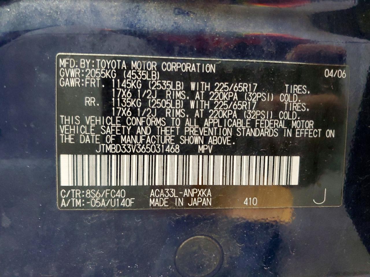 2006 Toyota Rav4 Base Blue vin: JTMBD33V365031468