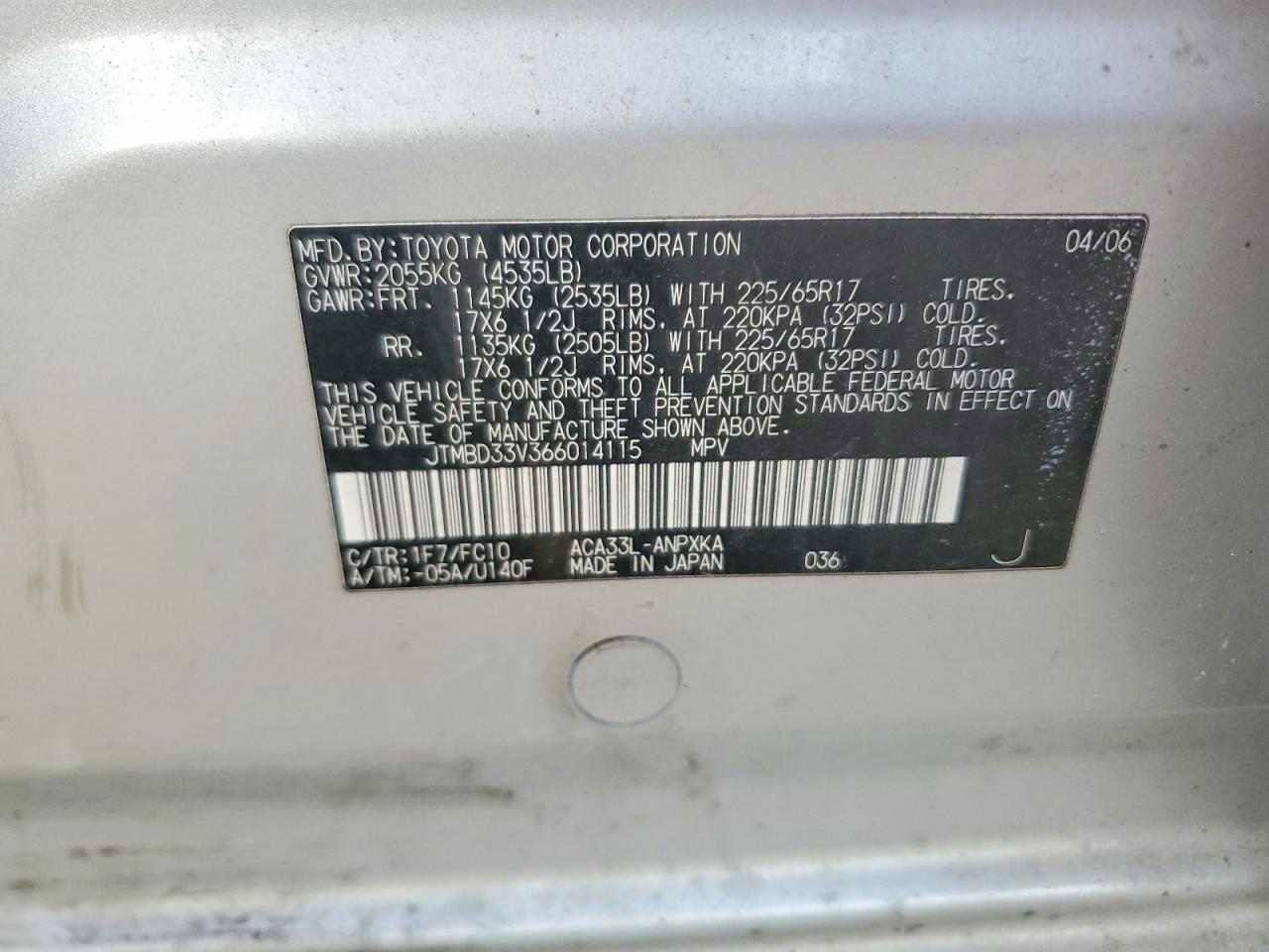 2006 Toyota Rav4 Base Silver vin: JTMBD33V366014115