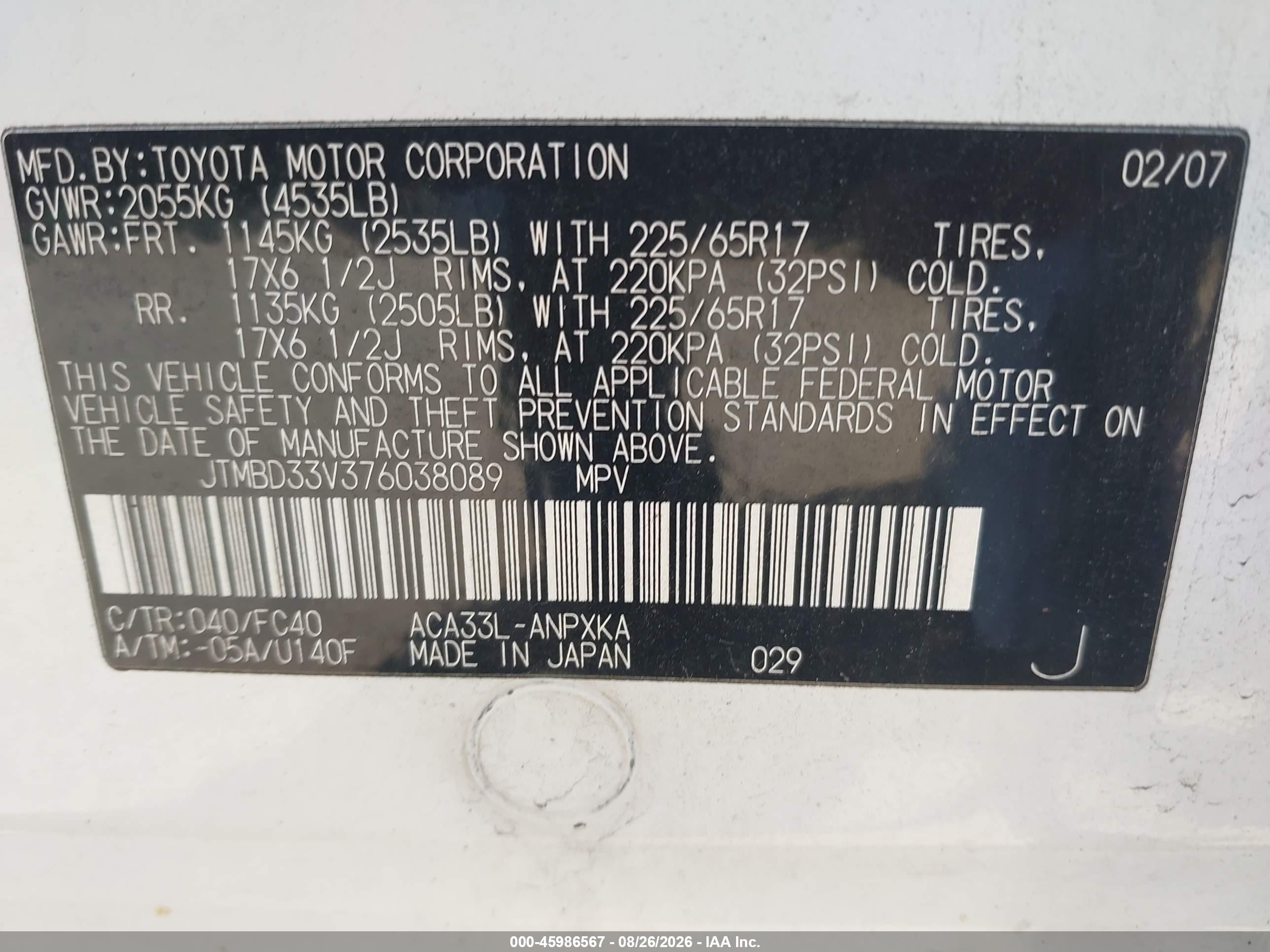 2007 Toyota Rav4   White vin: JTMBD33V376038089