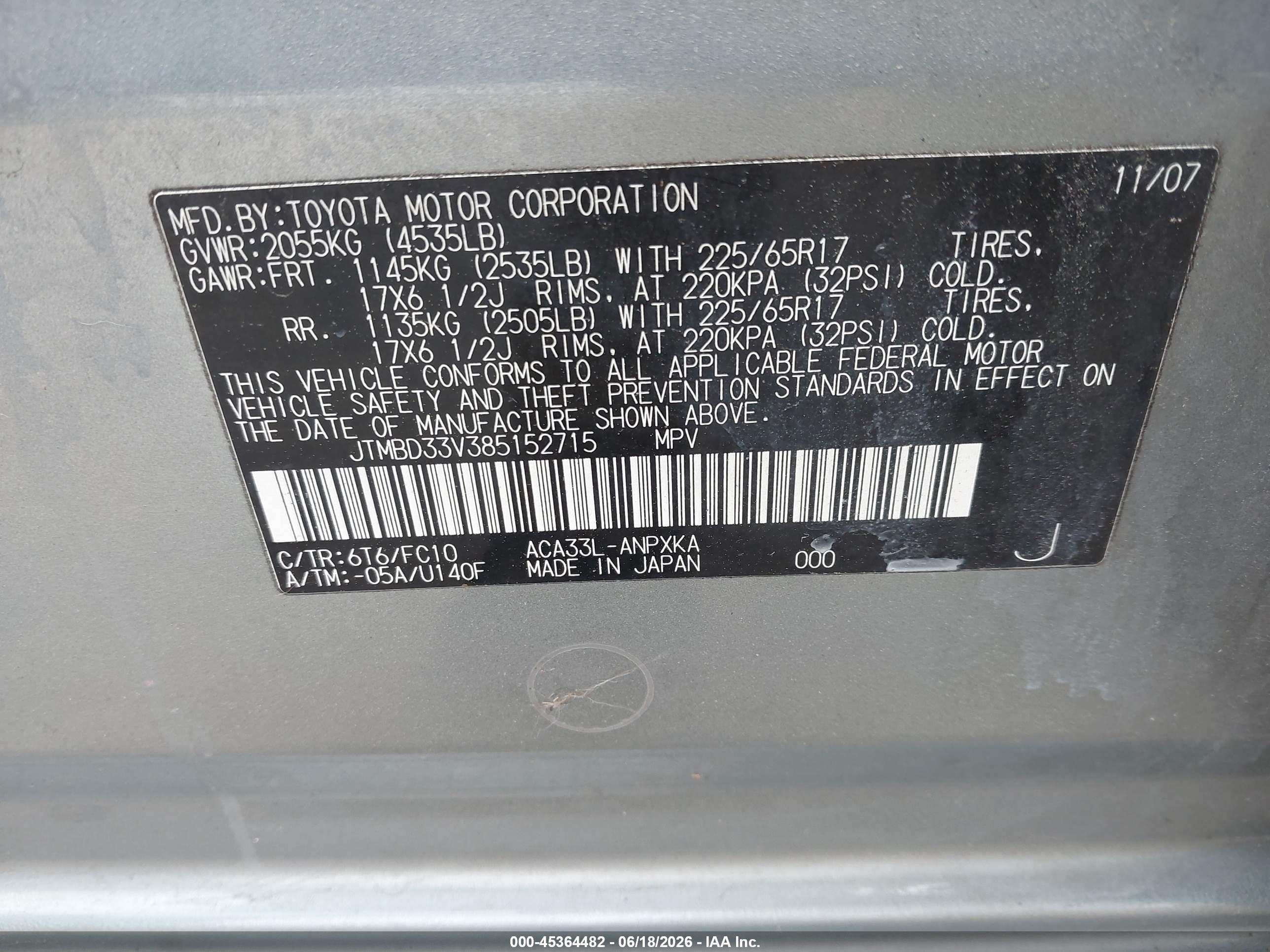 2008 Toyota Rav4   Gray vin: JTMBD33V385152715