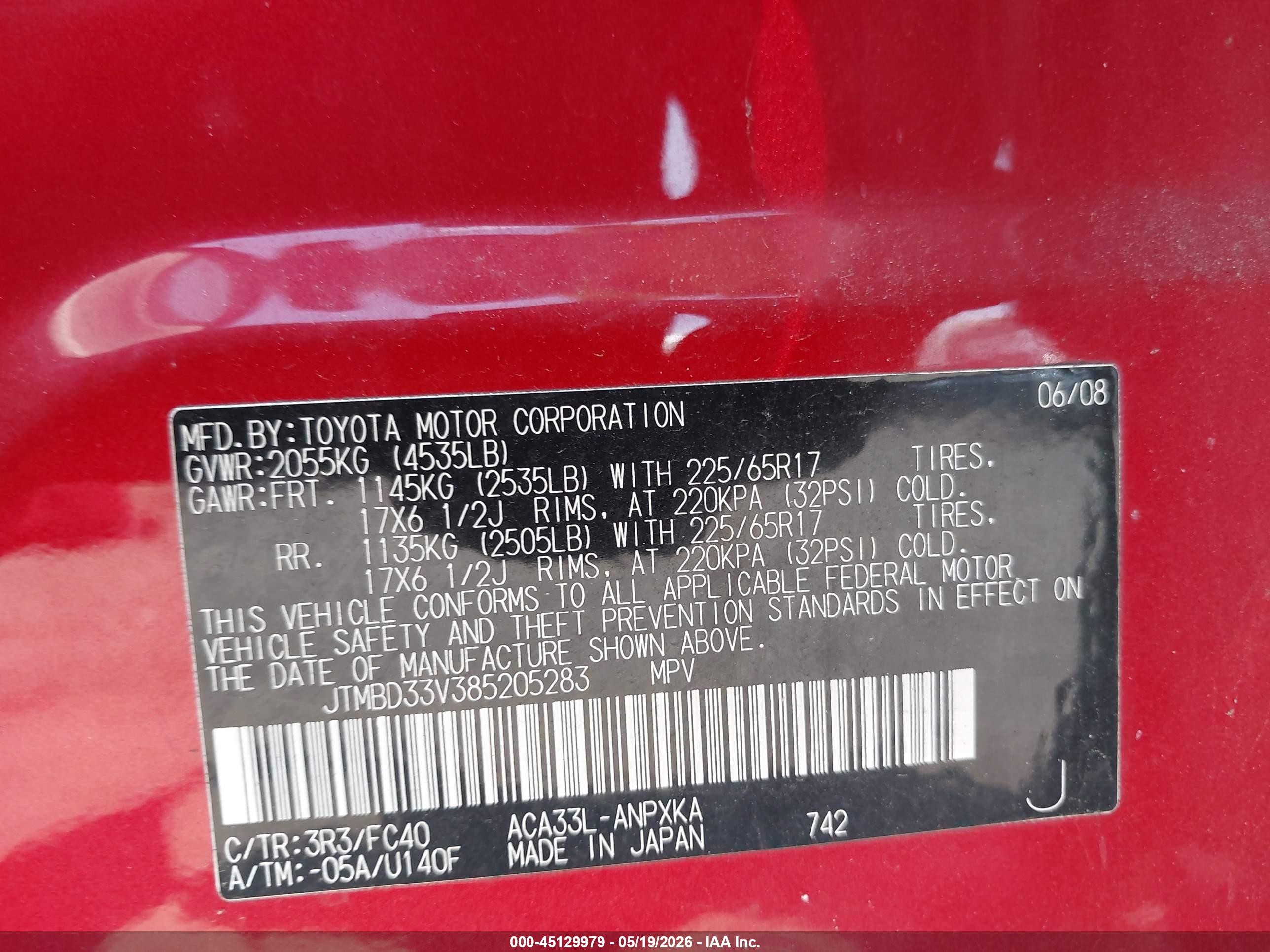 2008 Toyota Rav4   Red vin: JTMBD33V385205283