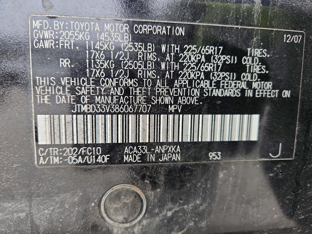2008 Toyota Rav4 Base Black vin: JTMBD33V386067707
