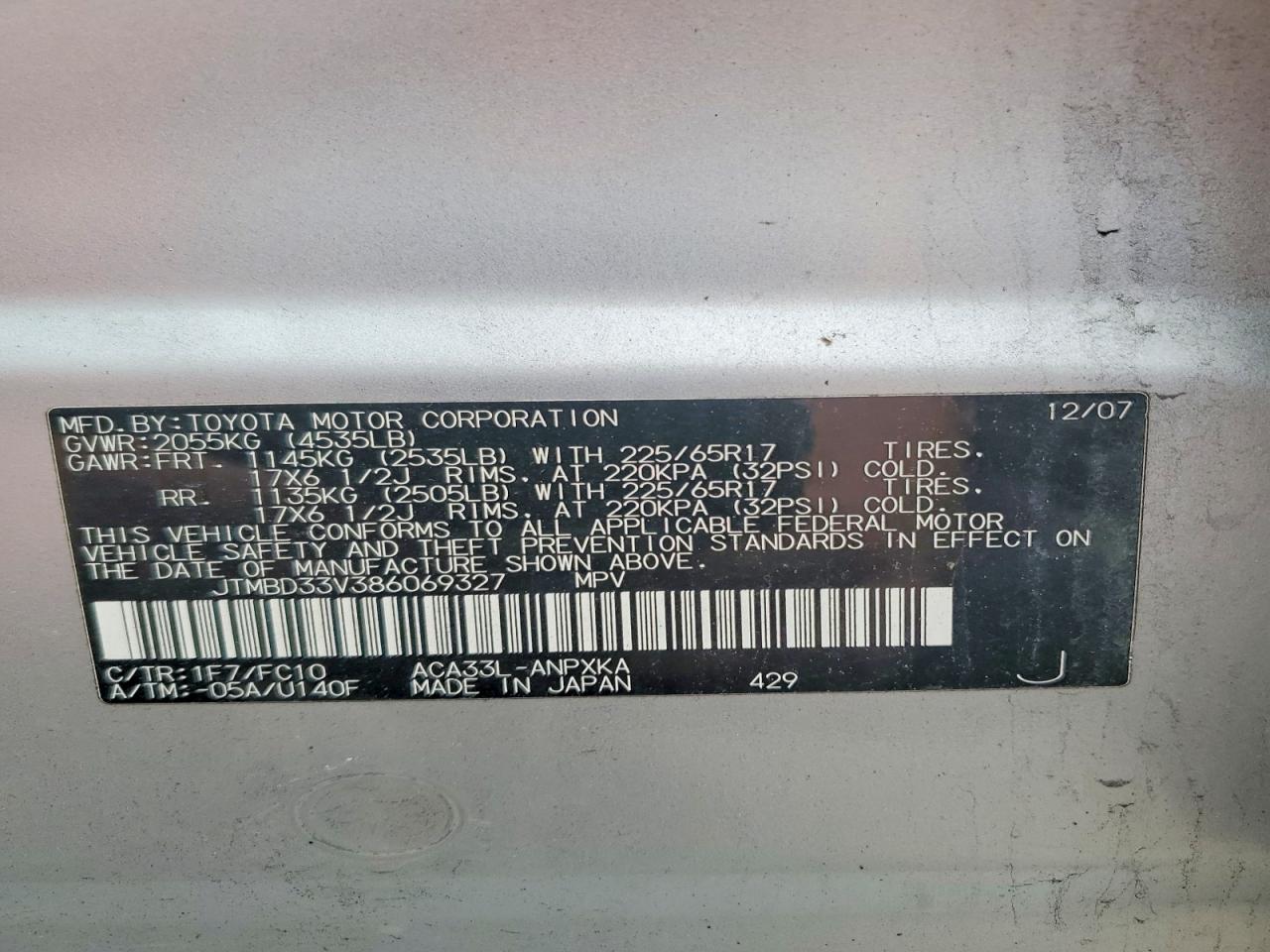 2008 Toyota Rav4 Base Silver vin: JTMBD33V386069327